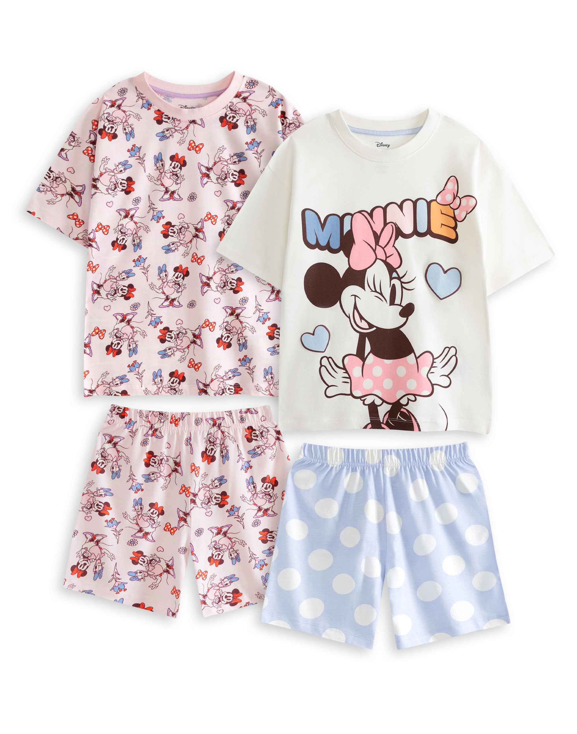 Disney Minnie Mouse Girls Pink & Blue Short Sleeve Pyjama Set | Multi-Pack of 2 Short Leg Sleepwear | Polkadot & Character Print Loungewear Merch - 2-3 Years