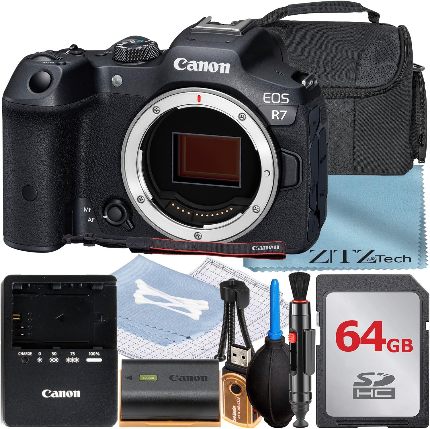 Canon EOS R7 Mirrorless Camera (Body Only) with 64GB Memory Card + Case + ZeeTech Accessory Bundle