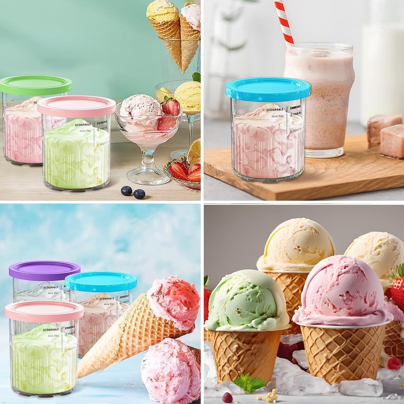 Recipiente para Helados,4 Piezas Accesorios para Recipiente para Hacer Helados 680ML,Recipiente Creami para Máquina de Helado Ninja Creami,para la Serie NC501 NC500,Sin BPA