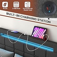 Vista 13 de Giantex Base de cama matrimonial con luces LED y 4 cajones, base de cama de plataforma tapizada con puertos USB, diseño de cabecera ajustable