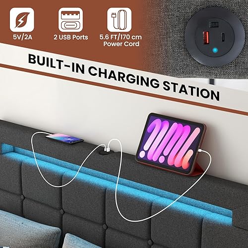 Miniatura 4 de Giantex Base de cama matrimonial con luces LED y 4 cajones, base de cama de plataforma tapizada con puertos USB, diseño de cabecera ajustable