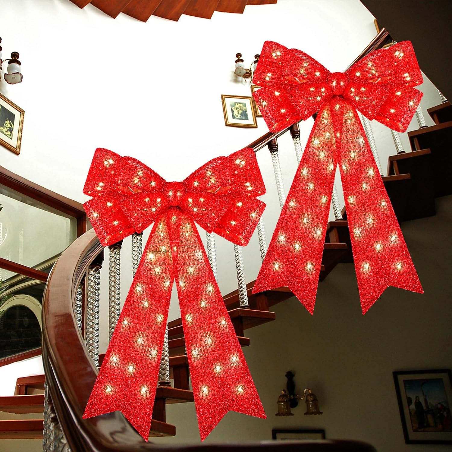 Liliful 2 Pcs 23.6 x 48 Inch LED Christmas Wreath Bows Extra Large Red Glitter Bows 72 LED Lights Wreath Huge Bow Door Wall Xmas Tree Topper Decor for Indoor Outdoor Winter Xmas Party