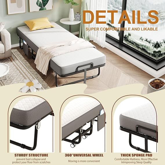 Folding Bed with Mattress, 75 31 Memory Mattress Portable Folding Guest Bed, Metal Frame Luxury Single Bed, Suitable for Home, Dormitory, Office, Camping, Space-Saving, Easy to Assemble