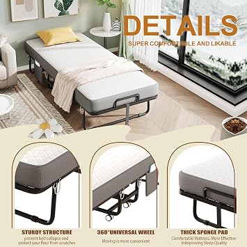 Folding Bed with Mattress, 75 31 Memory Mattress Portable Folding Guest Bed, Metal Frame Luxury Single Bed, Suitable for Home, Dormitory, Office, Camping, Space-Saving, Easy to Assemble