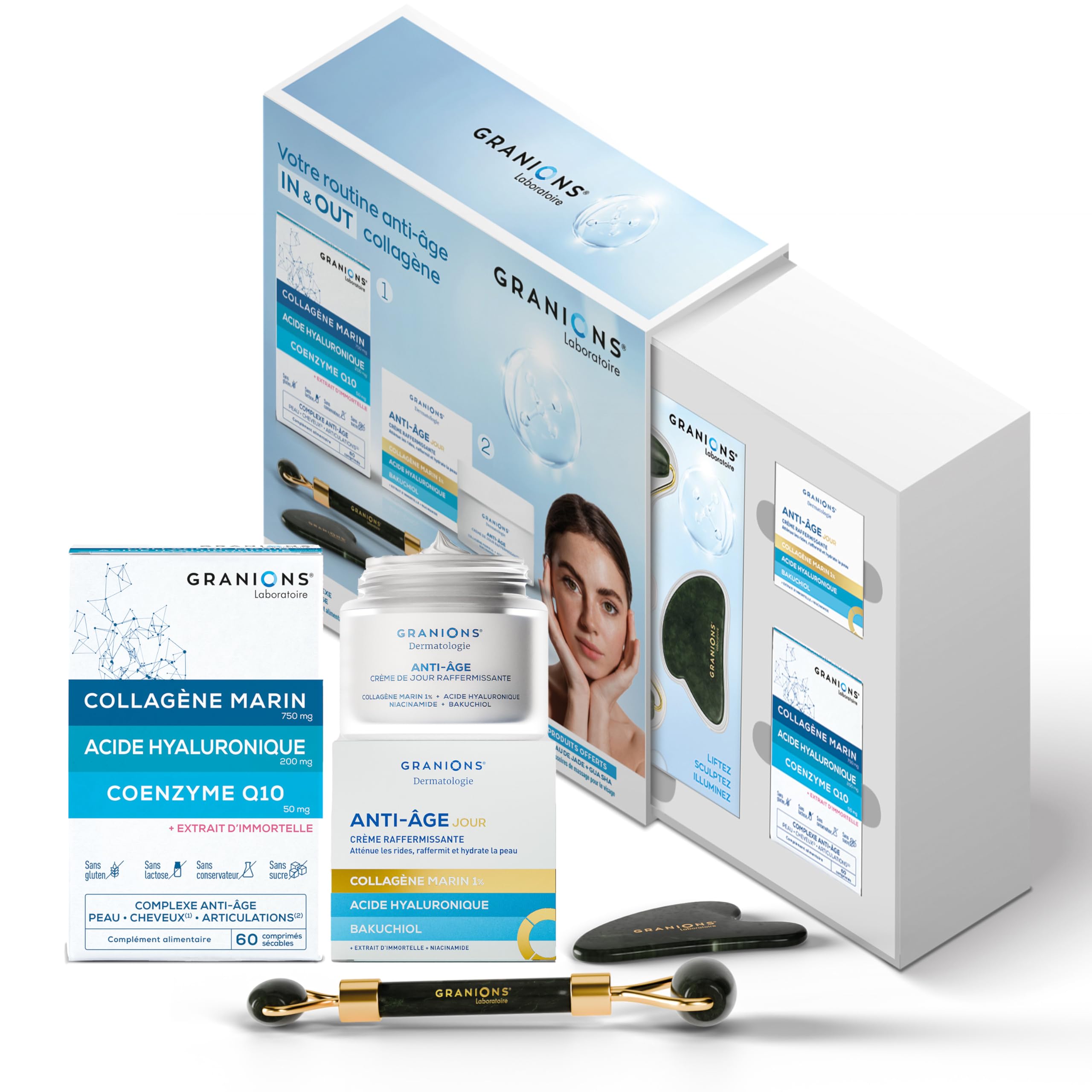 GRANIONS Coffret IN & OUT – Collagene Marin & Acide Hyaluronique – Complement alimentaire anti-age + Creme Jour Raffermissante + Rouleau de Jade & Gua Sha – Anti-Rides Visage – Routine complète IN&OUT