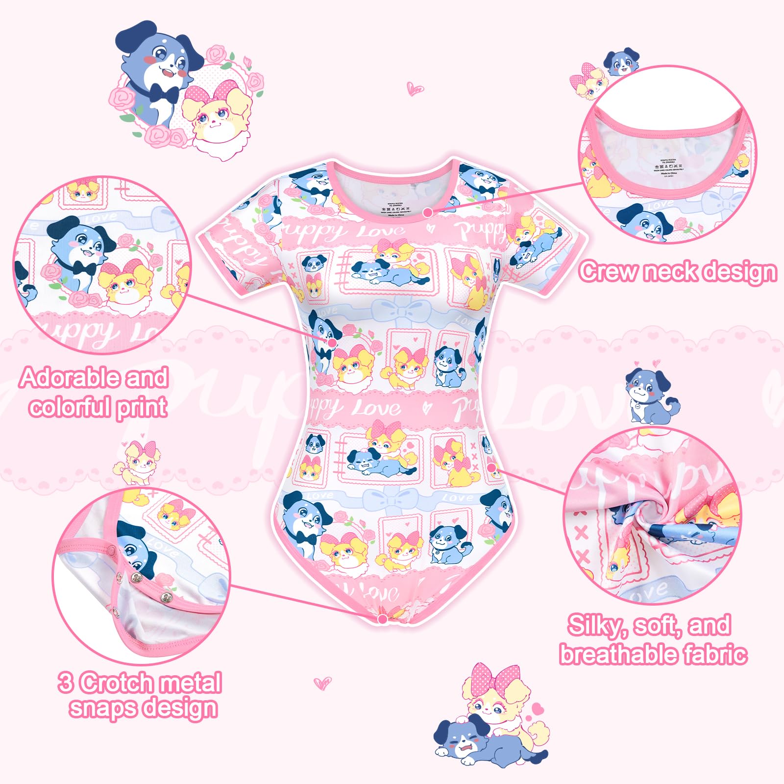 LittleForBig Jedwabisty kombinezon jednoczęściowa piżama body - Puppy Love Little Blue Onesie