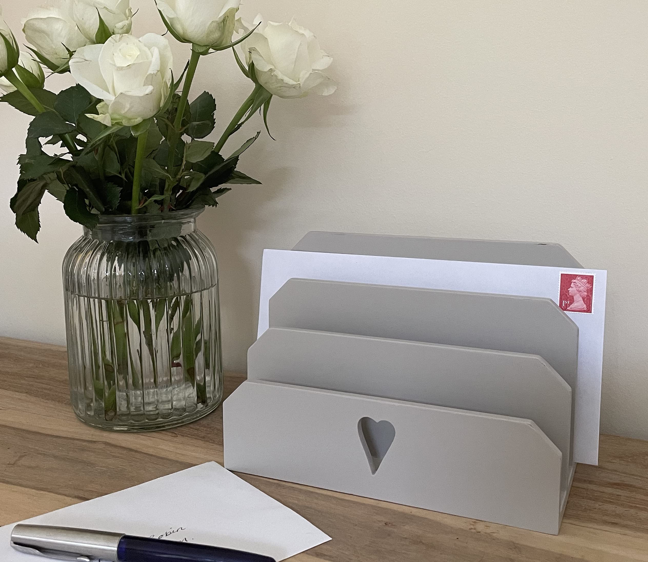 Light Grey Chic and Rustic Wooden Letter Rack with Heart Cut-Out Window - Three Sections for Mail. The Perfect Organizer for Home or Office Décor, Stylish and Functional.