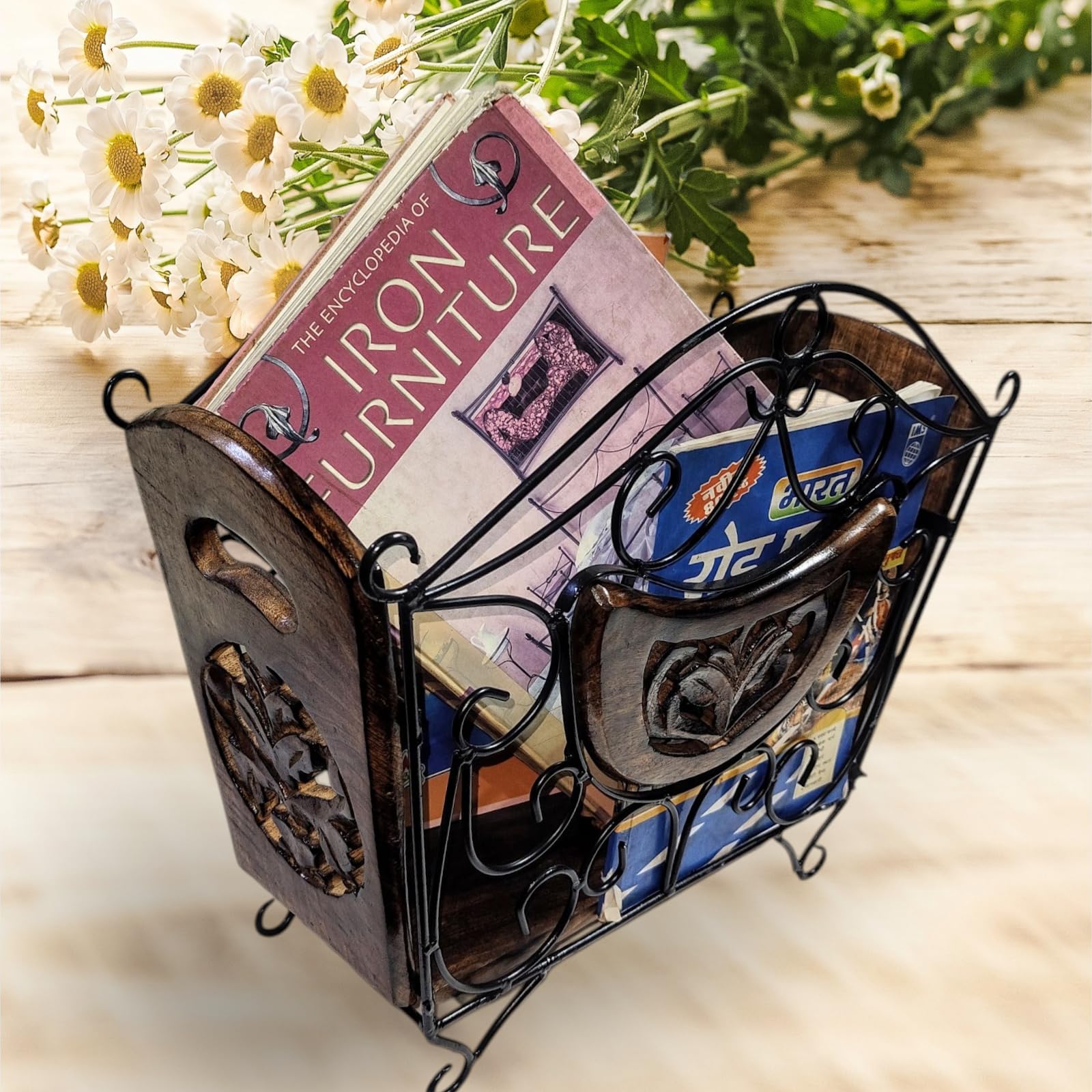 Wooden Decor Hub Iron and Wooden Free Standing Magazine, Newspaper Holder/Rack/Basket for Home and Office ..-picture-12
