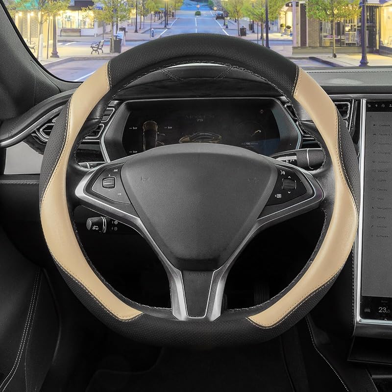 Capa para Volante D-Shaped com Base Reta SEG Direct em Couro Sintético Preto e Bege para Volantes de 37 a 39 cm