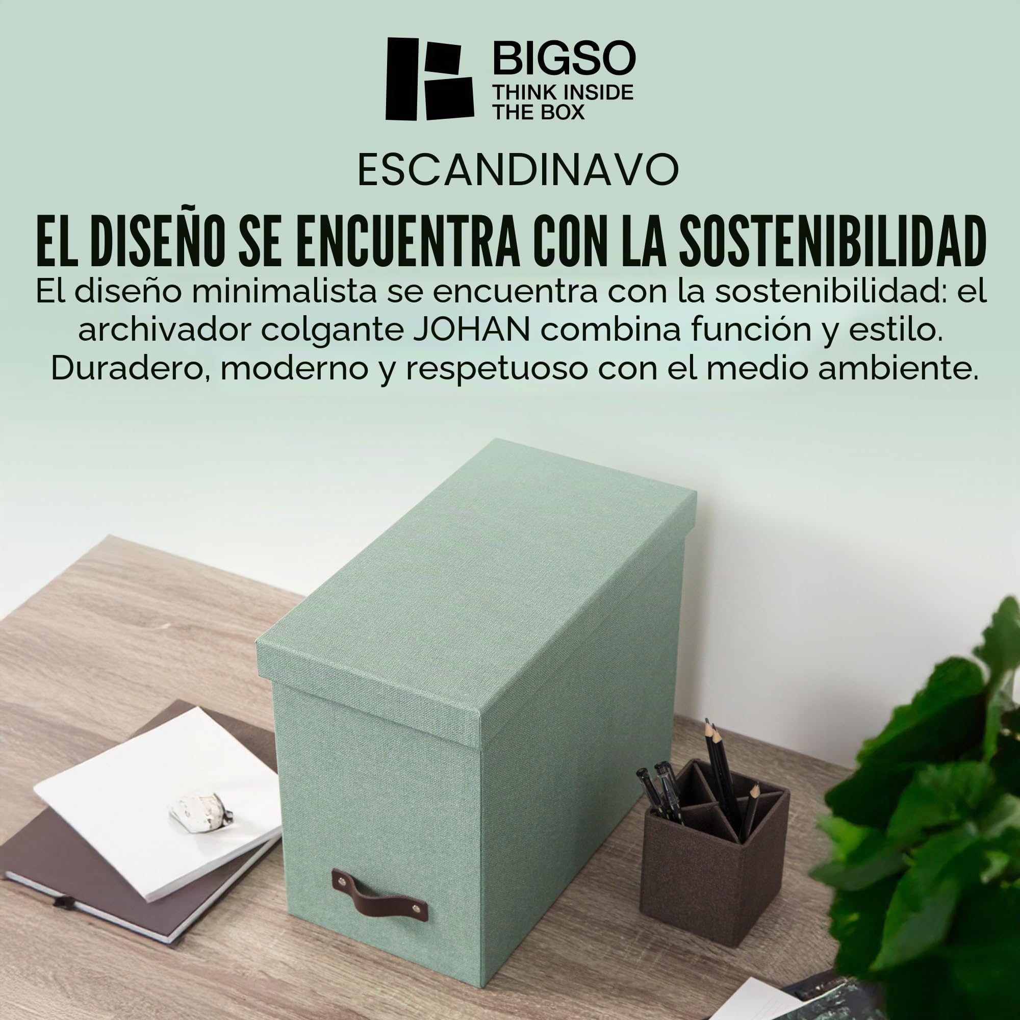 BIGSO JOHAN Caja para archivar con tapa, elegante caja de archivo, incluye 8 carpetas colgantes, caja colgante de tablero de fibra y papel con elegante aspecto de lino, color verde menta
