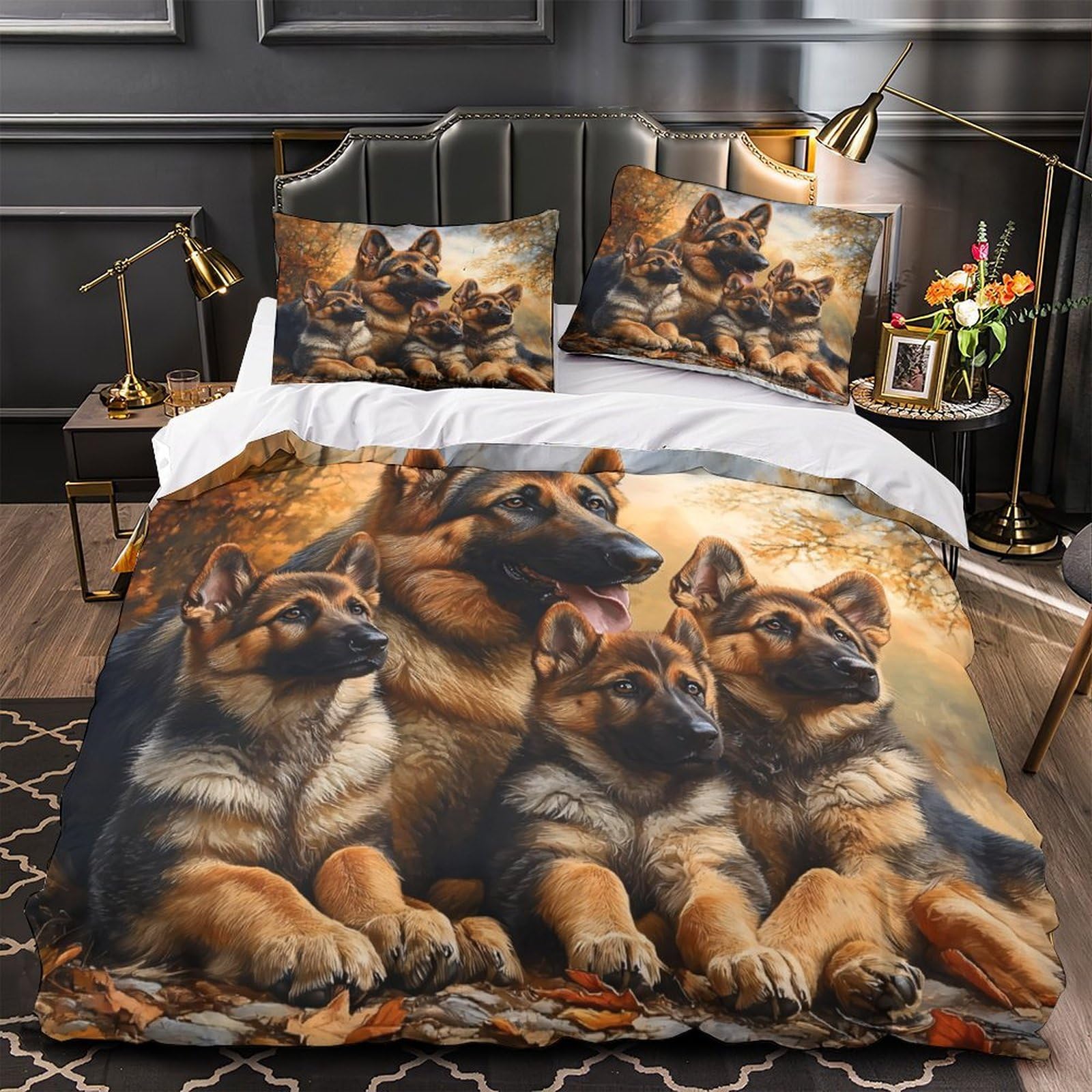 MMDASBVPE German Shepherd Family Quilt Cover 3D Print Luxurious 3PCs Bedding Set Zipper Closure Duvet Cover Extra Soft Durable for Kids Adults Women Girls Teens Youth Teenagers Single（140x200cm）