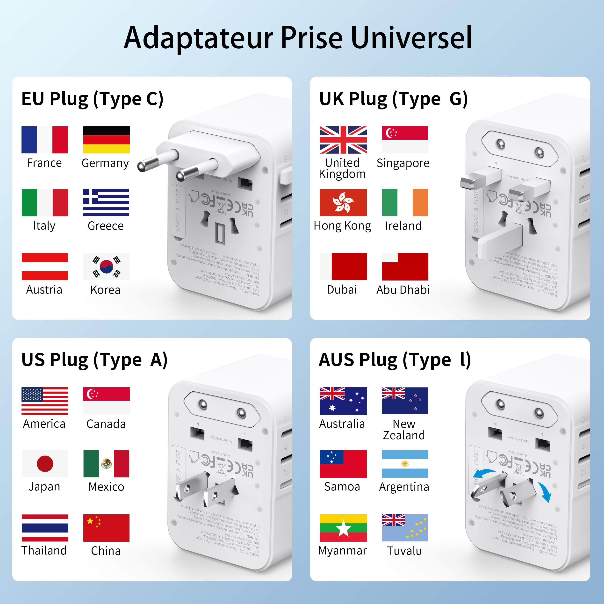 Adaptateur Prise Universelle Adaptateur Voyage avec 2 Ports USB A et 2 Ports Type C，France vers USA Canada UK Italie Australie Chine Japon Thaïlande，Prise Universelle Voyage