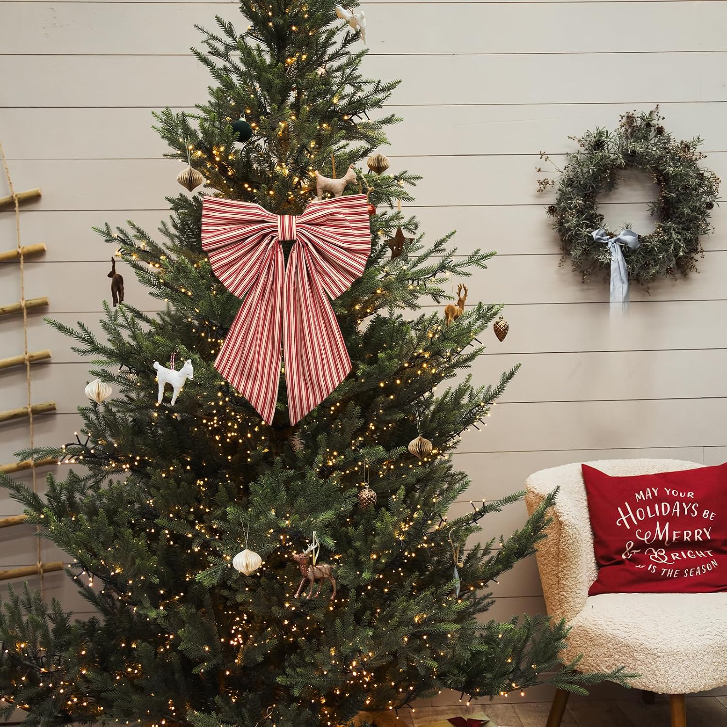 Christmas Wreath Bows for Front Door, Festival Red Stripes Ribbon Sash Bows for Wreath Christmas Decorations