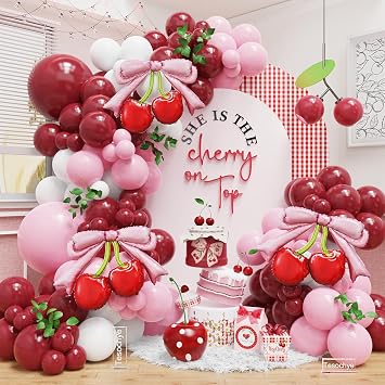 Cherry Themed Party Decorations,Burgundy Pink White Balloons Arch Kit with Pink Bow Red Cherry Foil Balloons for Girls Birthday Shes The Cherry On Top Baby Shower Wedding Bridal Party Decorations