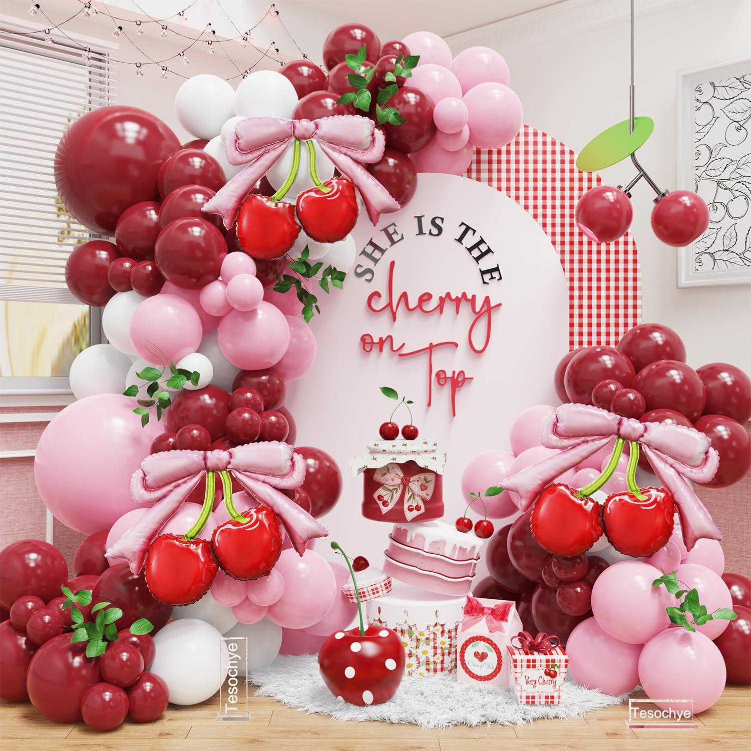 Girlanda balonowa wiśniowa, zestaw łuków, bordowe, różowe, białe balony z różową kokardką, czerwone balony foliowe, dla dziewcząt, urodziny, 'She's The Cherry On Top' baby shower, ślub, dekoracje na