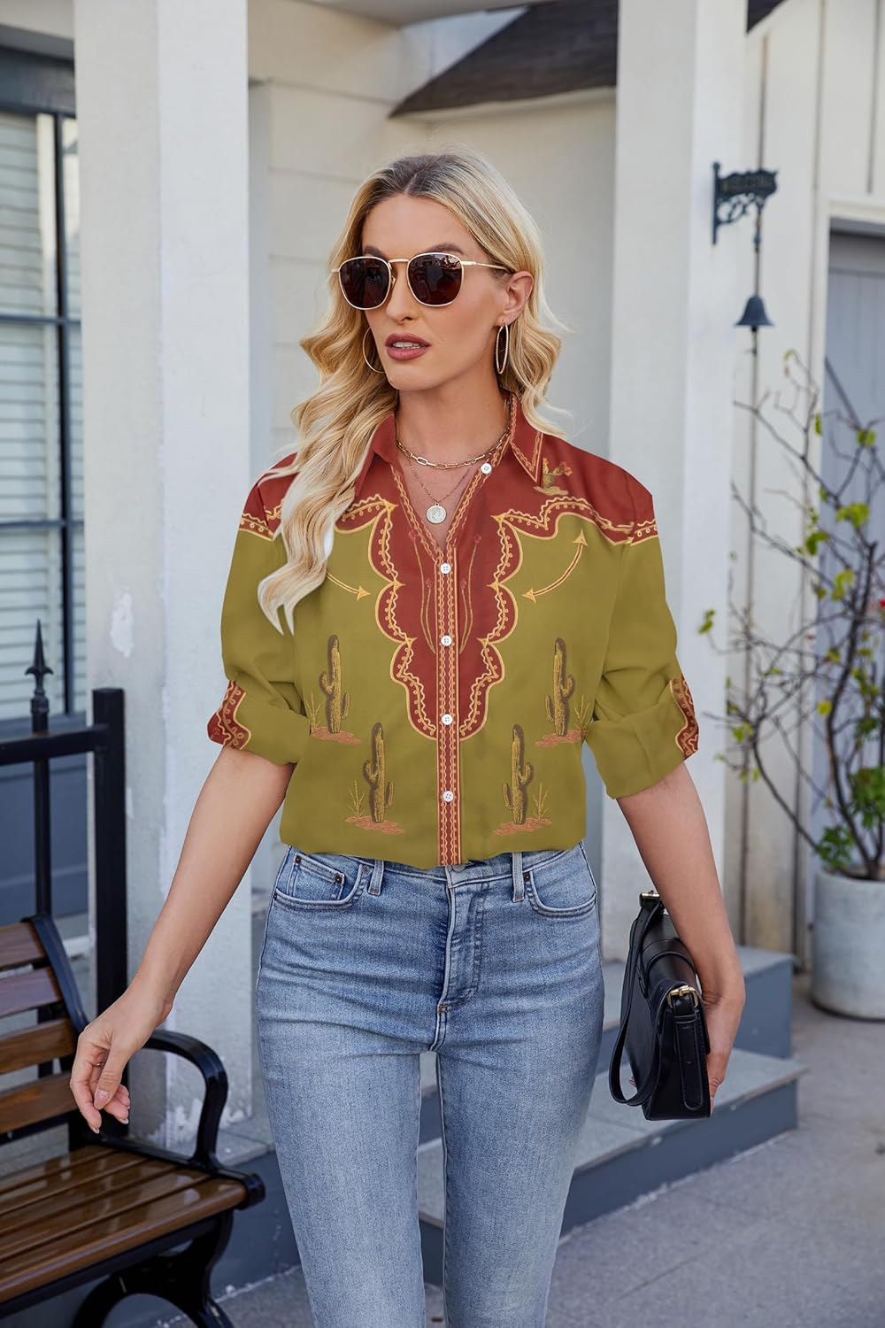 UNIQUEONE Western Shirt Women Cowgirl Tshirt:Boho Cowboy Graphic Shirts Retro Long Sleeve Button Down Casual Blouses - Image 4