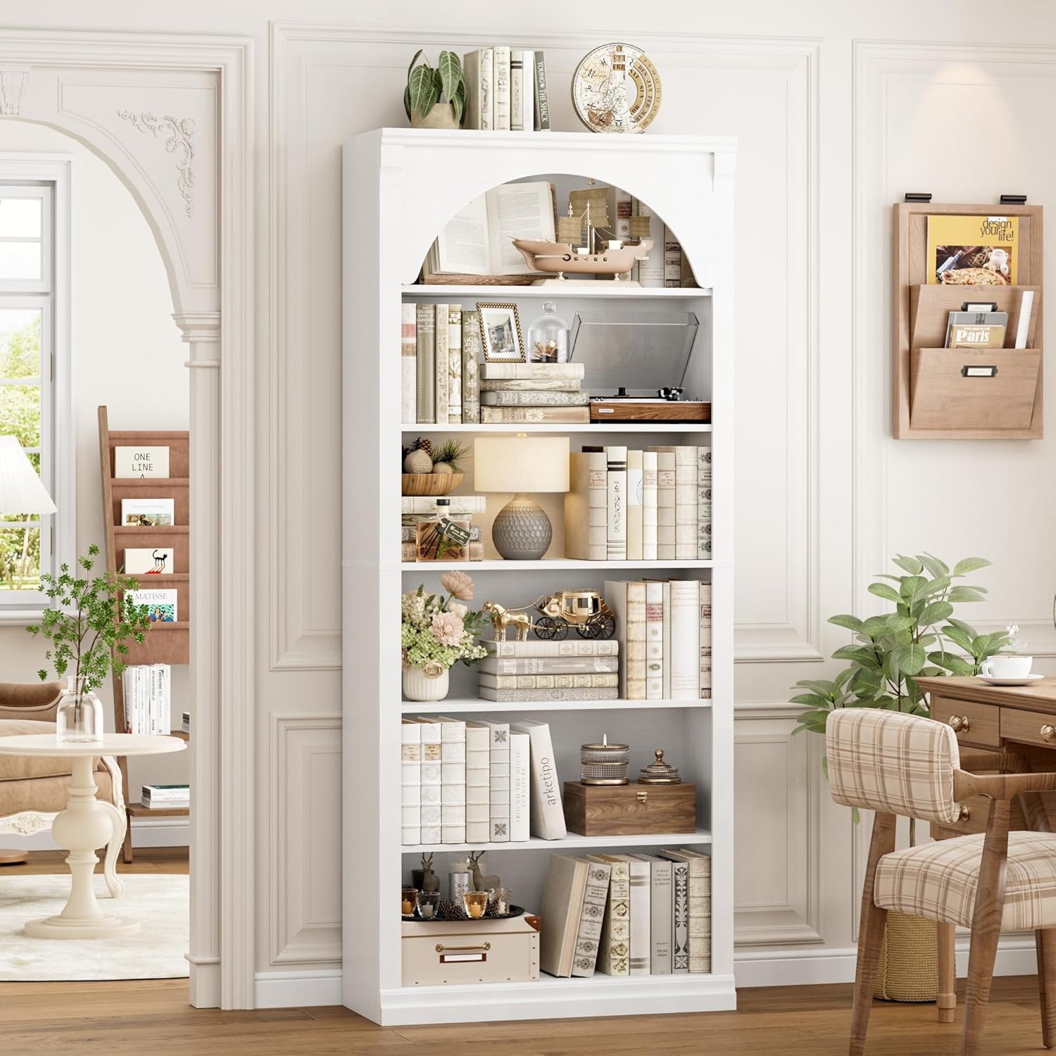 FACBOTALL 73" Tall Arched Bookcase and Bookshelf, Farmhouse Book Shelf with 6 Tiers Open Shelves, Arched Cabinet for Media CD DVD Storage, Wooden Tall Bookcase for Living Room, Home Office, White