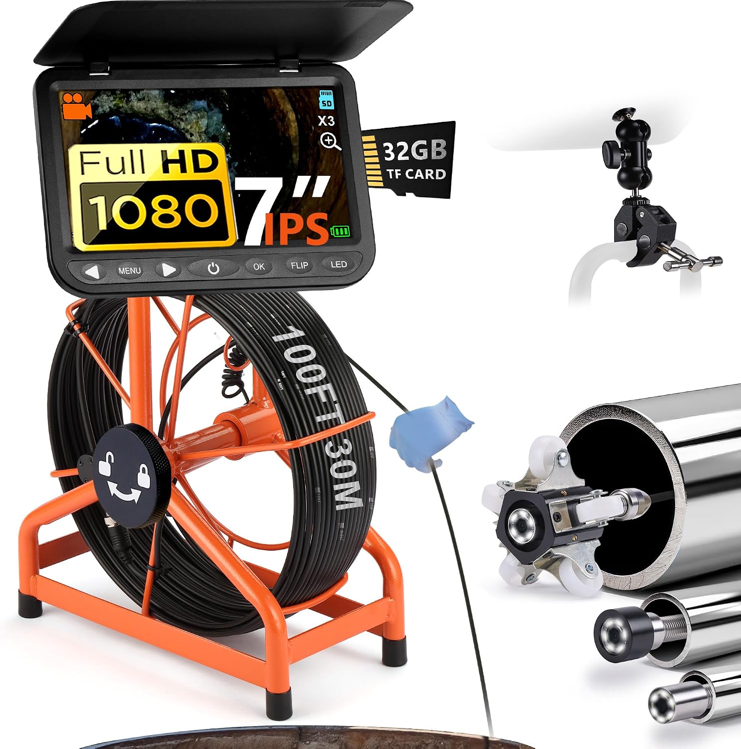 [ChoosePRO®] HD1080P Sewer Camera 7'' w/1s Twist-Unlock System, DVR-32GB, 0.64'' Thicker Reel,