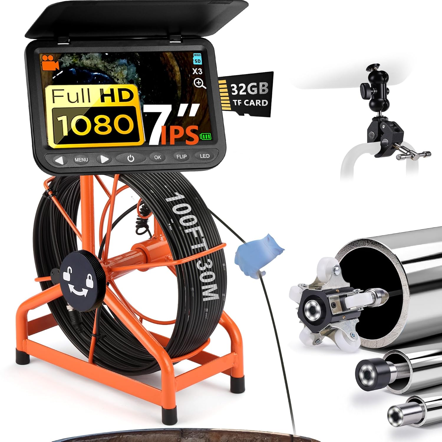 ChoosePRO 2026 7” HD 1080P Sewer Camera w/32GB DVR, 100ft Cable, 1s Twist Unlock Plumbing Snake Drain Inspector