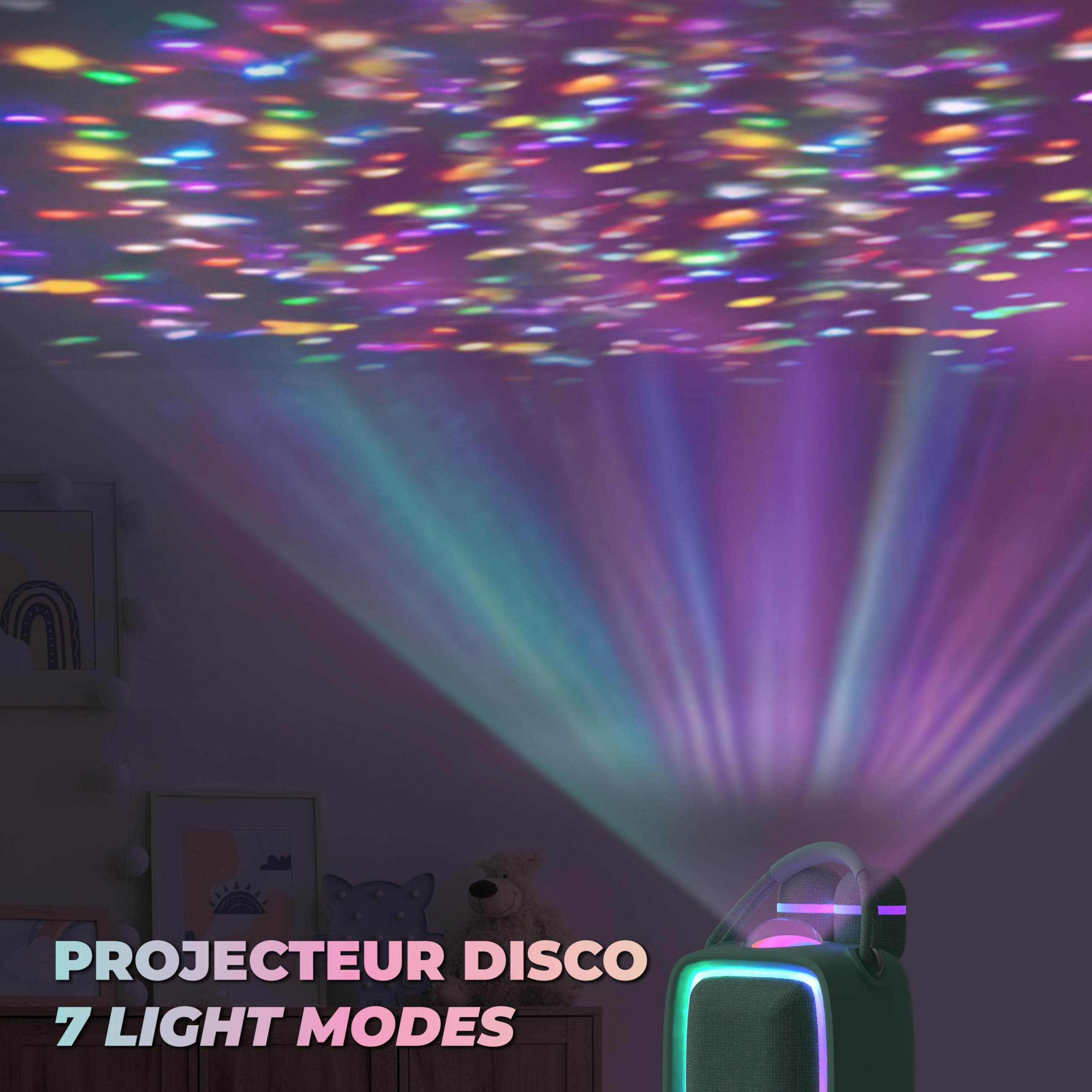 Mob - Singy Party Enceinte Karaoké Portable pour Enfant et Adulte - Projecteur Disco, 2 Micros sans Fil pour Chanter en Duo, Rechargeable USB-C, Carte SD - Idée Cadeau (Menthe)