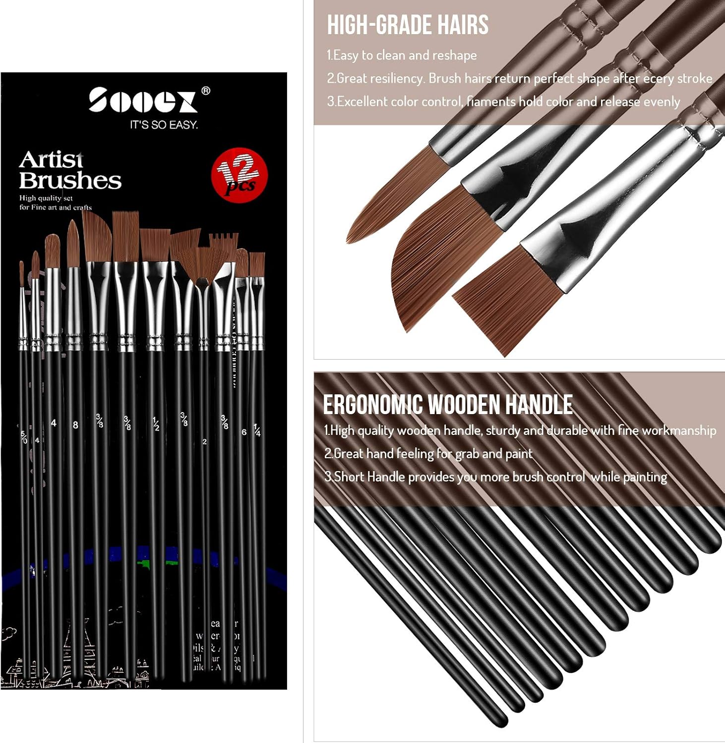 Sooez 12Pcs Professional Art Paint Brushes Set, 12 Different-Size Brush for Acrylic Oil Watercolor, 7 Shapes for Body Nail Face Painting, Arts Crafts Supplies for Beginners Artists Adult Kids