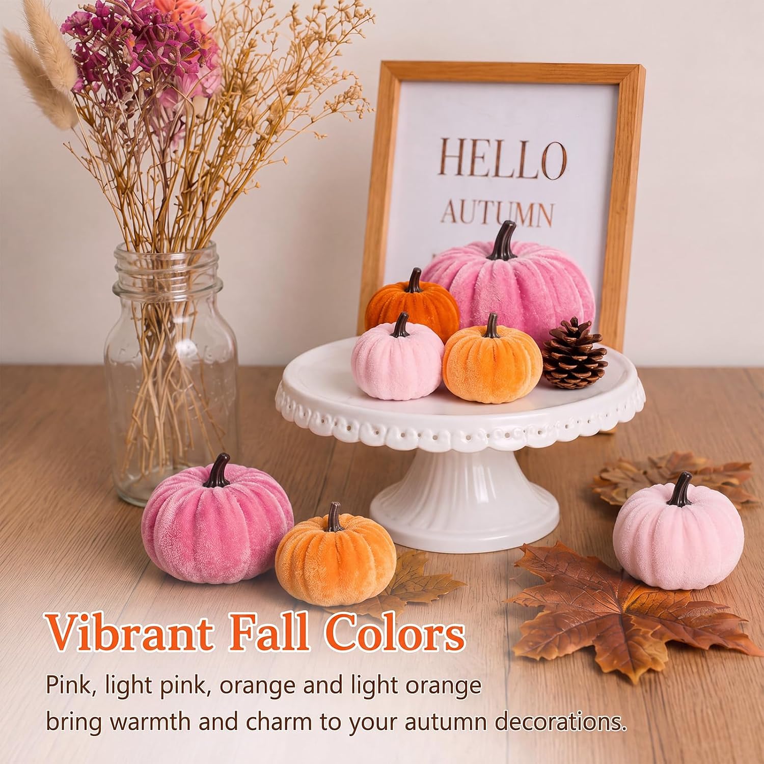 Havawish 16 Pcs Pink & Orange Velvet Pumpkins for Fall Halloween, Classic