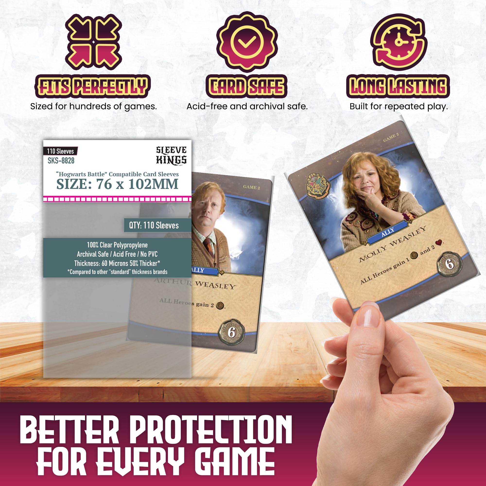 Amazon.com: Sleeve Kings Standard Card Sleeves – 110 Count, Clear 60 Micron  Thickness, Large Size (76 x 102 mm), Compatible with Hogwarts Battle & More  – SKU: SKS-8828 : Toys & Games