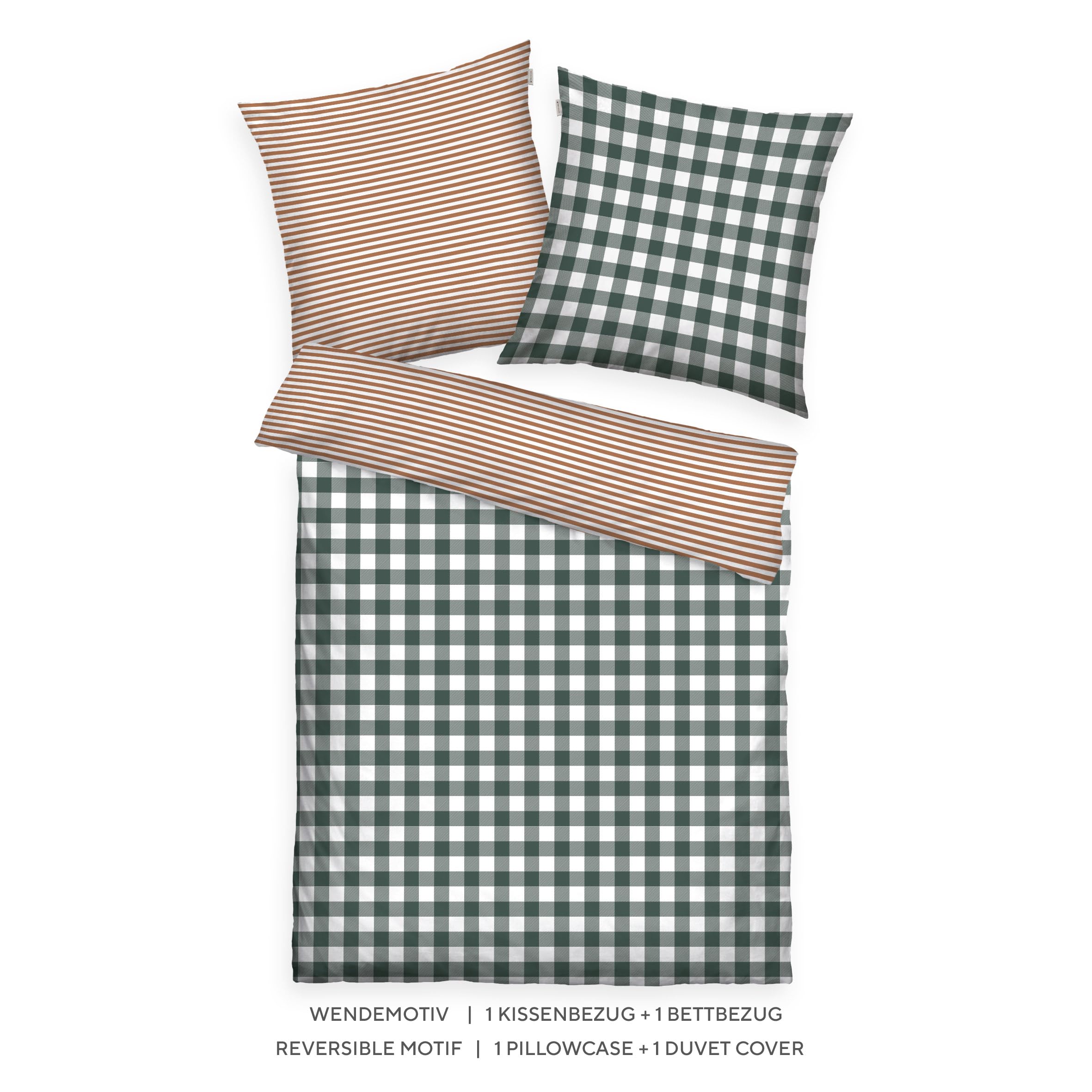 Herding TOM TAILOR Flannel Bed Linen 80 x 80 cm + 135 x 200 cm, 100% Cotton/Flannel with Reversible Motif and Coloured Brand Zip, Classic Check Green, Brown (Forest & Rusty Red)