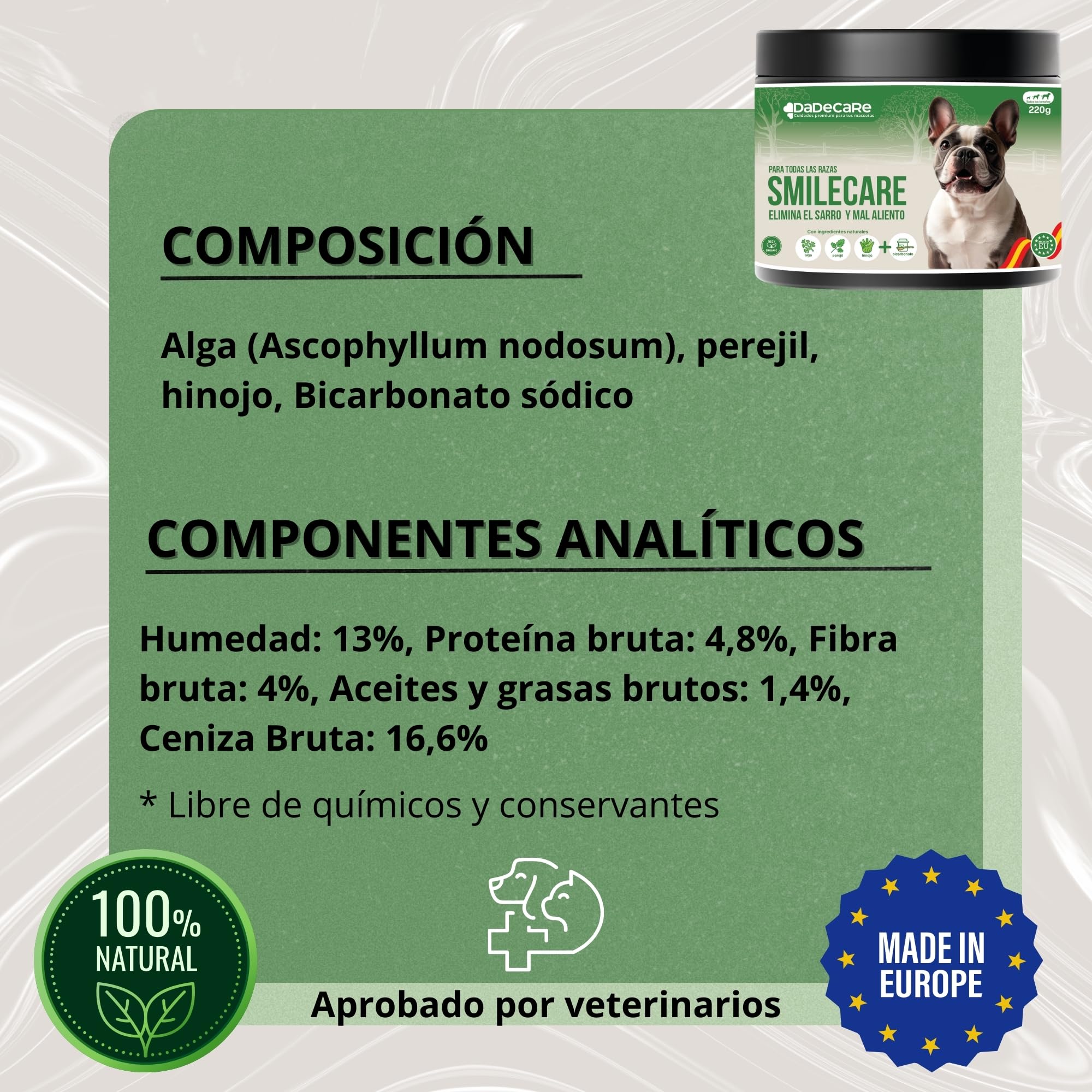 Smilecare - Polvos para Mal aliento 220gr Alga Kelp - Alternativa Natural Pasta De Dientes Para Perros Y Gatos, Mejora Aliento, Reduce Sarro, Prevención Problemas Dentales - Sin Cepillado Diario