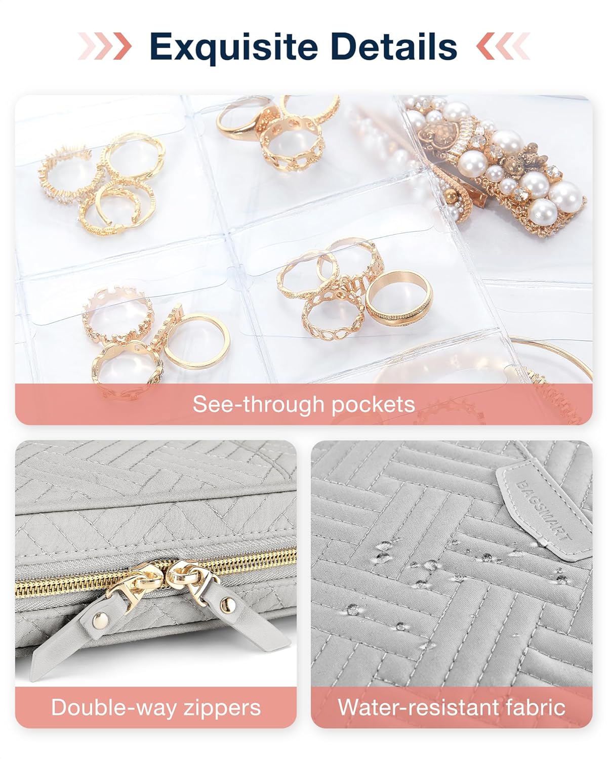 BAGSMART Jewelry Travel Organizer Case for Home Jewelry Organizer Storage Ring Binder Clear Bags Zipper Rolls Pouch for Necklaces, Earrings, Rings, Bracelets, Grey - Image 5