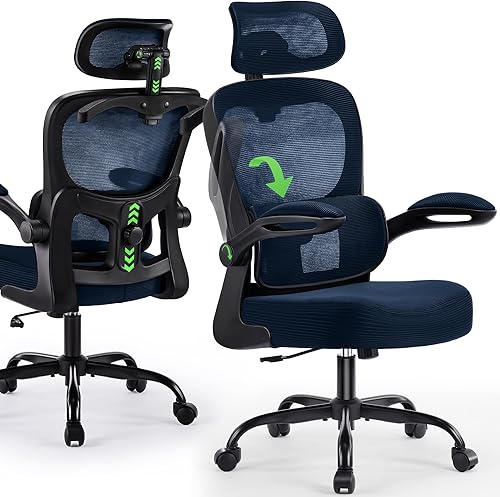 Miniatura 9 de Silla de oficina ergonómicas con soporte lumbar ajustable y colgador para reposacabezas, silla de malla transpirable de respaldo alto con ruedas,