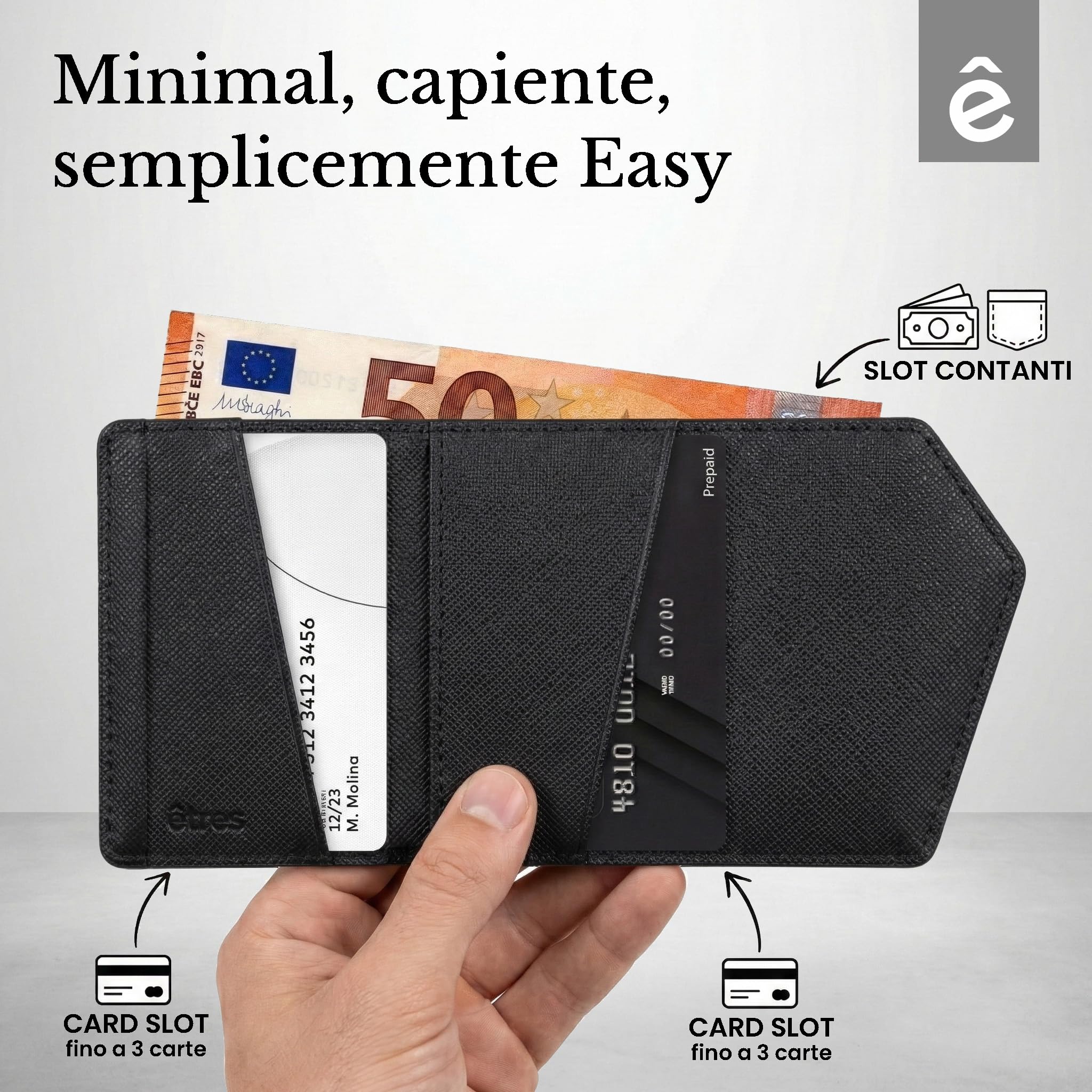 TECHMADE ETRES Portafoglio Magnetico ICON Easy - Compatibile con iPhone 17/16/15/14/13/12 - Protezione RFID, in PU Leather - 6 Carte + Tasca Contanti - Compatto, Unisex, Antiscivolo (Saffiano Black)