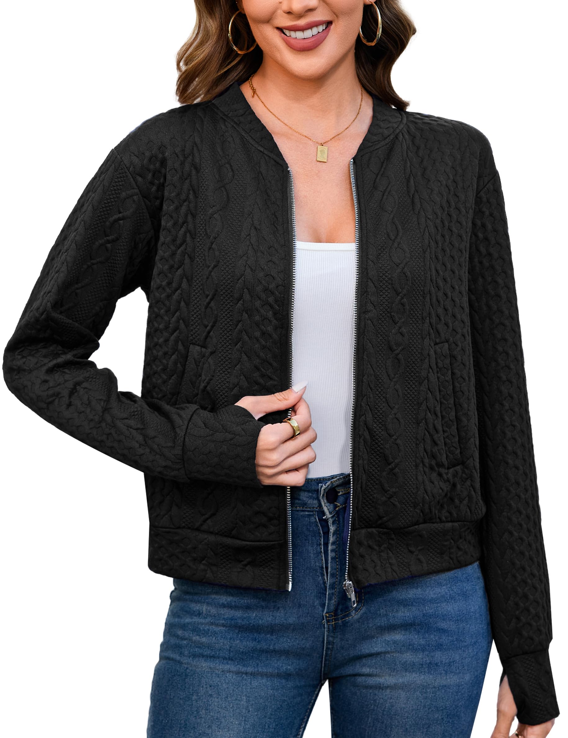 Totatuit Womens Long Sleeve Zip Up Cardigan Jacket Outfits Crewneck Casual Bomber Coat Lightweight Sweatshirts