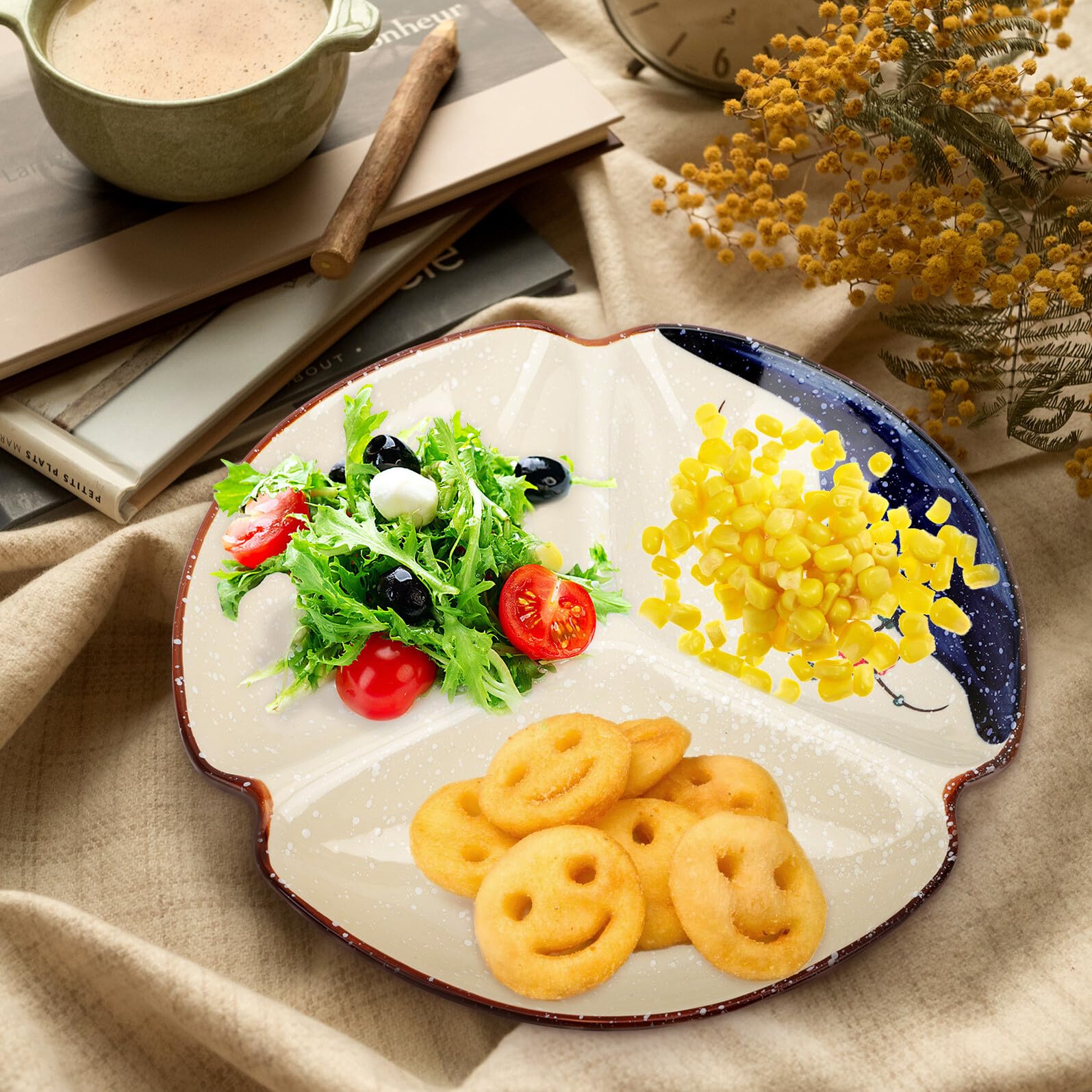 SECFOU Keramik Dreiteiliger Snackteller mit Fächern Runde Servierplatte für Obst und Dessert Stapelbar und Platzsparend Glatte Kanten für Gesunde Ernährung und Hausparty