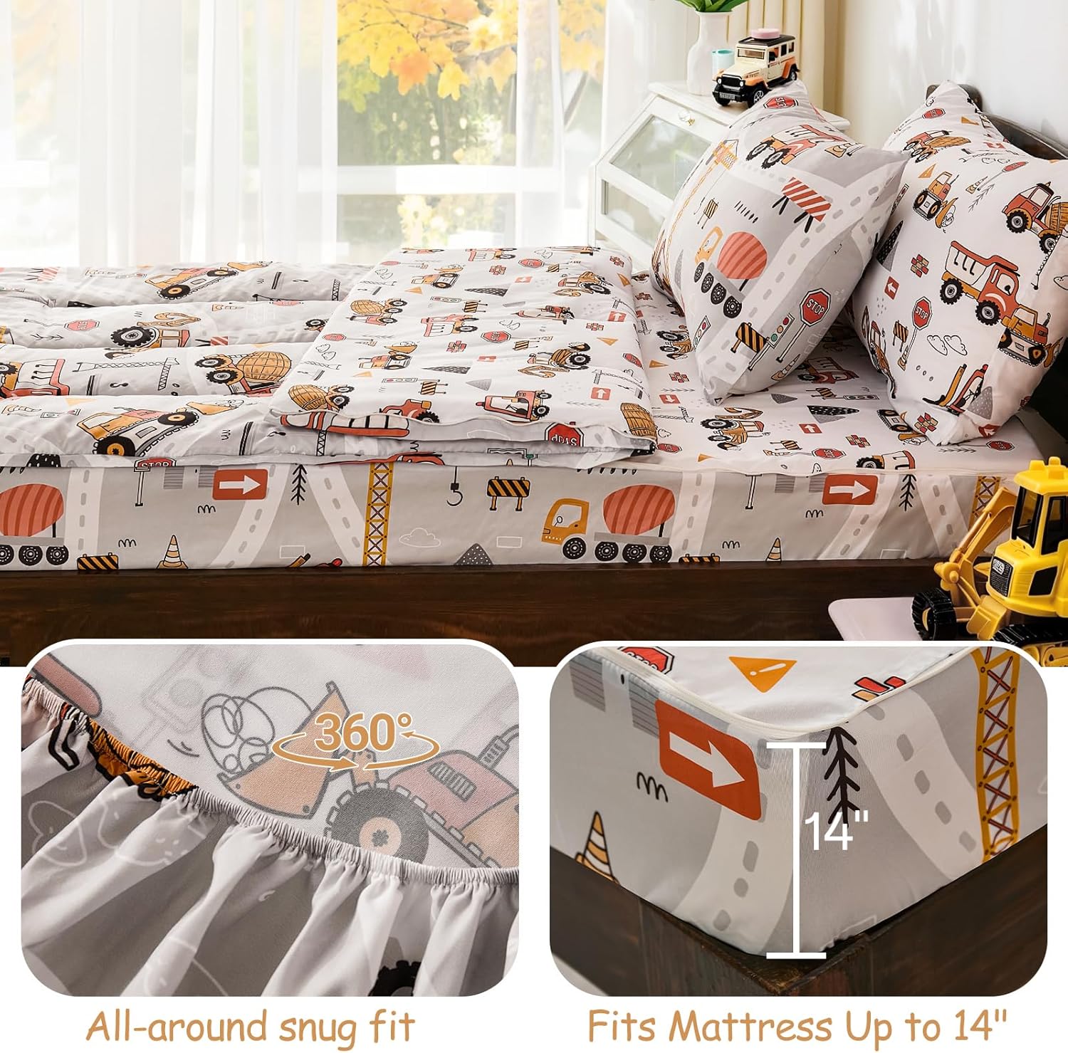 DJY Zipper Bedding Set Twin, Cars Bedding Sets for Boys, Kids Construction Comforter Set with Fitted Sheet Pillowcases, All in One Zipper Bed Set for All Seasons - Image 6
