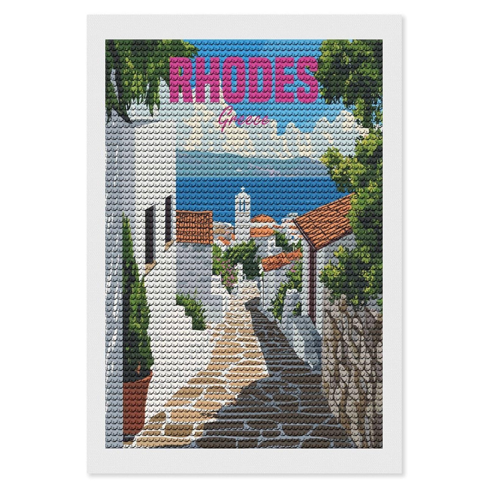 Junmoney Rhodes Greece Travel Diamond Art Canvas 8"x12", Decorate Your Room, Mindful Craft Activity, Cosy Home Accent, Thoughtful Handmade Gift