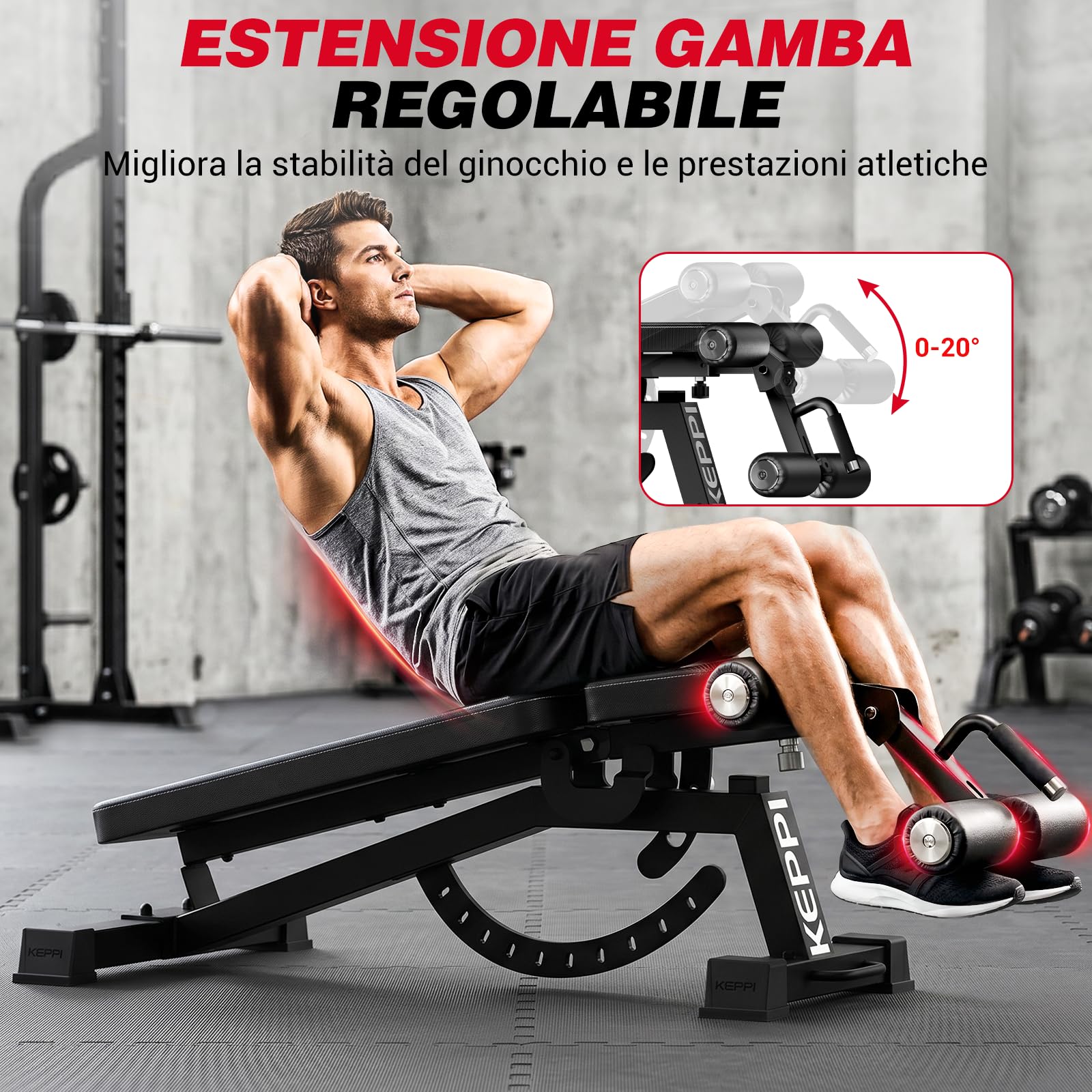 Keppi Panca Palestra, con 600 kg Capacità – Panca Multifunzione Palestra Casa per Allenamento con Pesi, Addominali e Fitness Completo, Fermapiedi Rimovibile - Bench1000 Pro