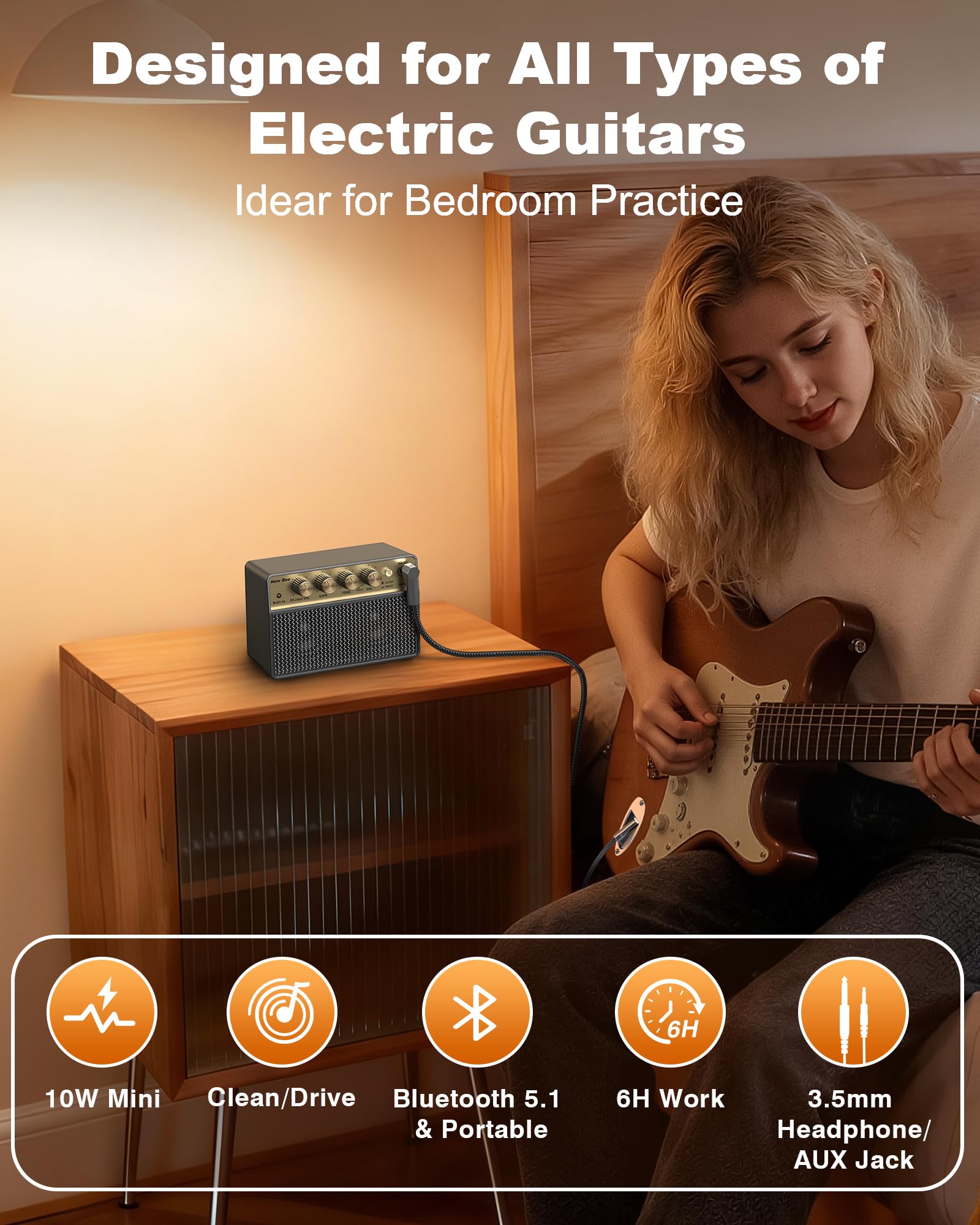 New Bee Gitarrenverstärker 10W Mini Verstärker Gitarre mit Clean & Drive Kanal Amplifier Guitar Wiederaufladbar und Tragbar Guitar Amp 6,35mm Eingangsbuchse für E-Gitarre, Bass