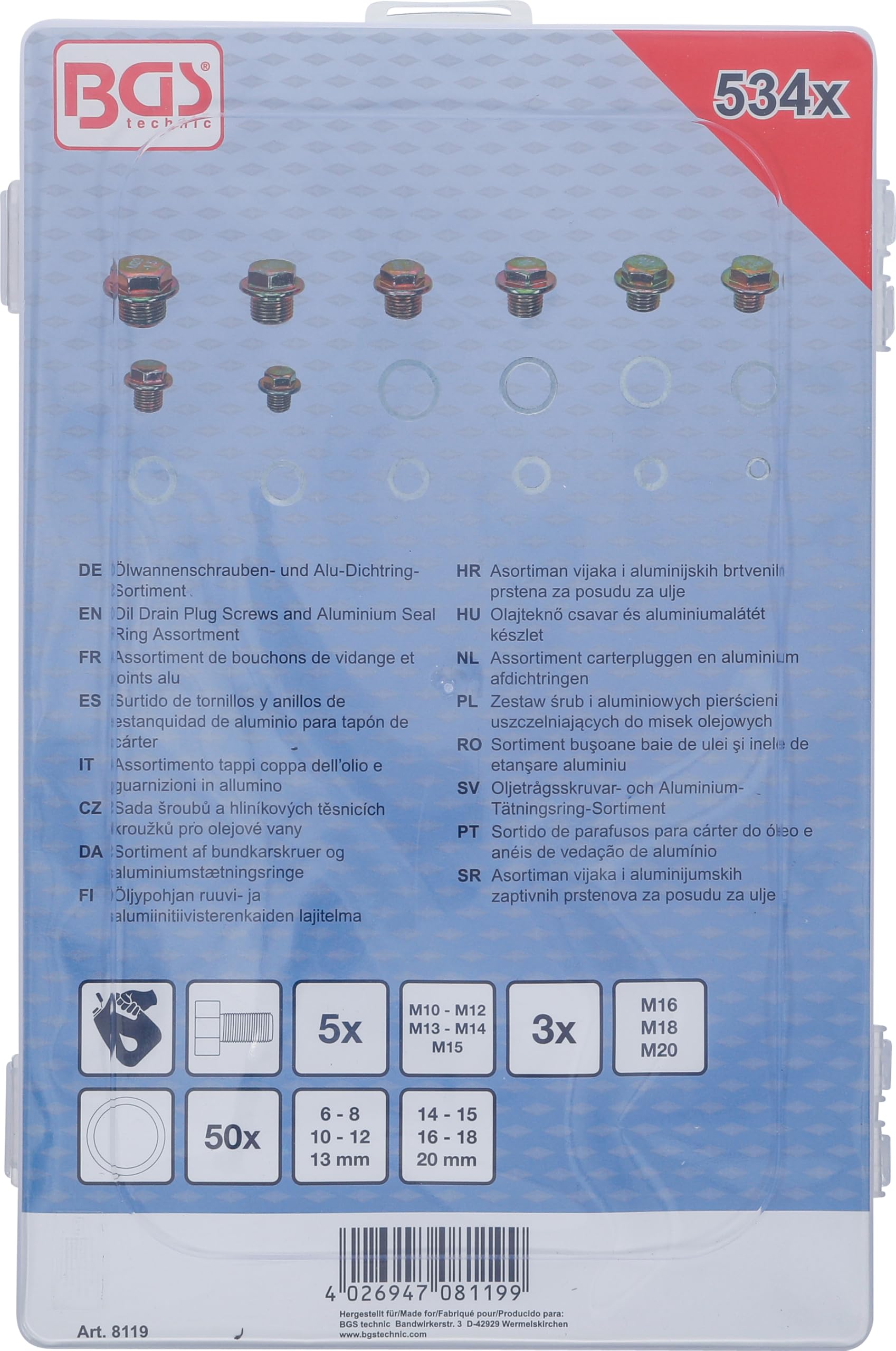 BGS 8119 | Ölwannenschrauben- und Alu-Dichtring-Sortiment | 534-tlg.