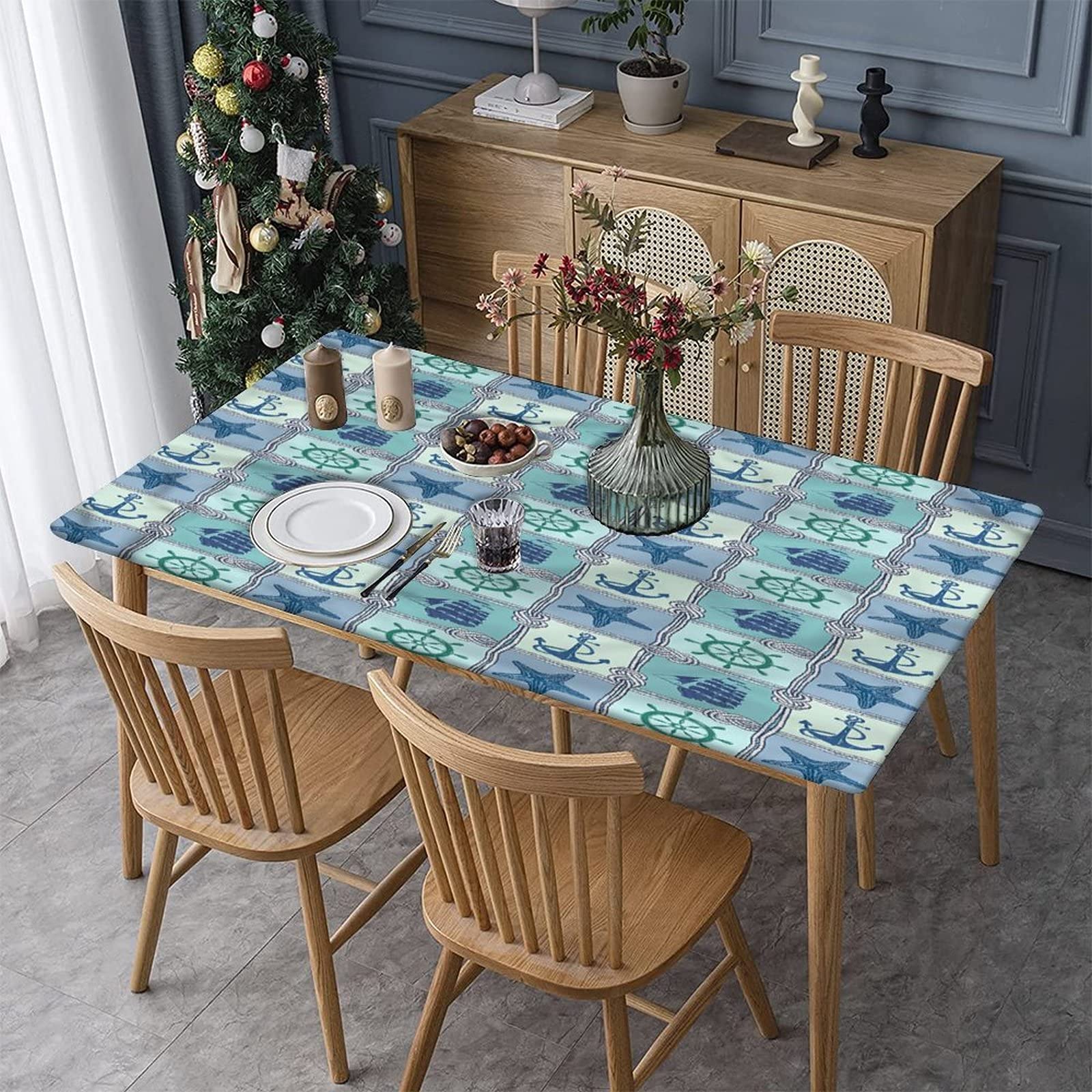 XISUNYA Elastic Tablecloth for 9ft Rectangle Tables, Polyester Fitted Table Covers with Ship Design, 36