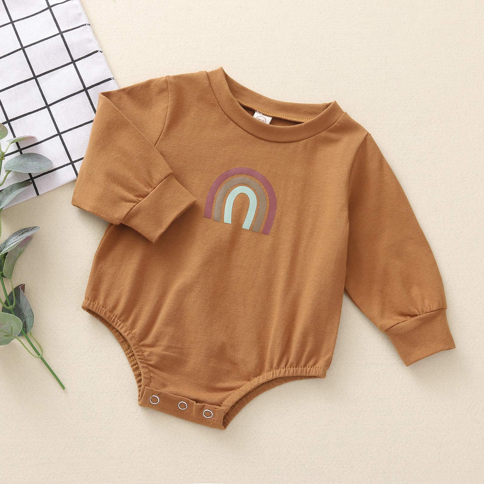 Newborn Baby Girl Boy Crewneck Long Sleeve Rainbow Romper One Piece Bodysuit Jumpsuit Fall Clothes (Khaki, 6-12 Months)