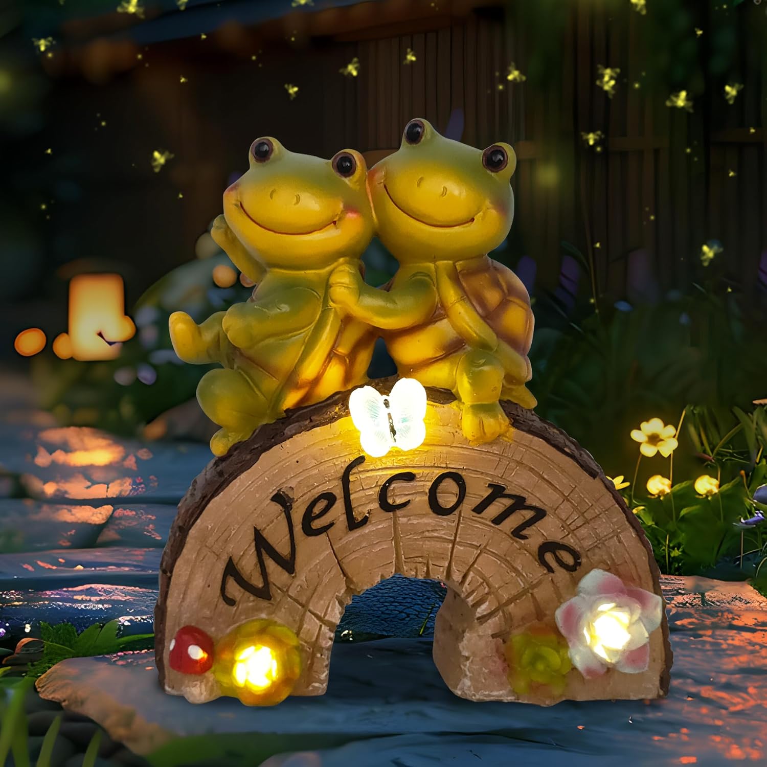 Solar Turtle Welcome Statue, Garden Turtoise Frog Face Outdoor Decor, Lawn Animal Ornaments for Patio Yard, Easter Gifts to Mom Women Birthday Mother's Day