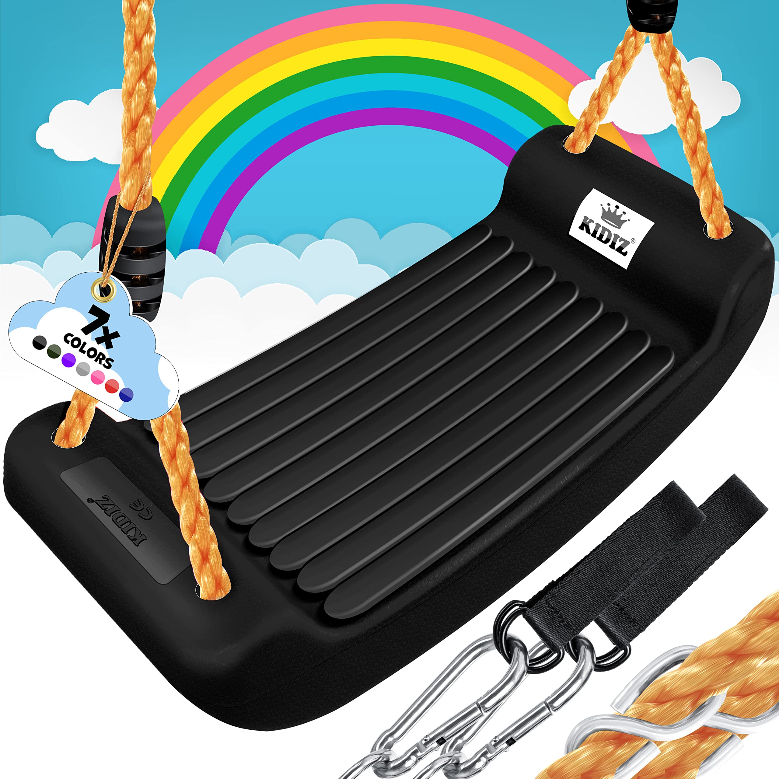 KIDIZ® Schaukel Garten Kinderschaukel Outdoor & Indoor Schaukelsitz | Schaukelbrett Set inkl. Zubehör | Brettschaukel für Kinder zum Schaukeln aus Kunststoff | höhenverstellbar & rutschfest, Schwarz