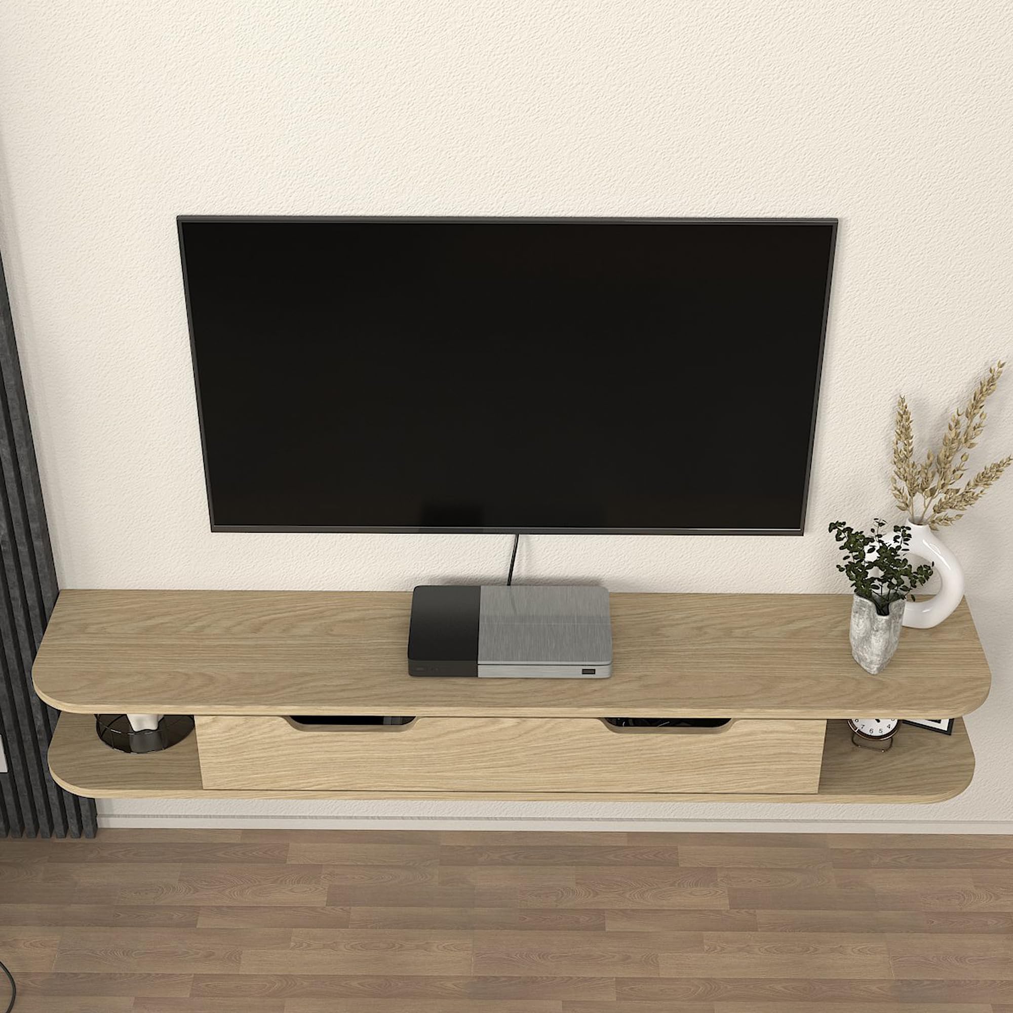 [en.casa] Mobile Porta TV da Parete con Anta a Ribalta e 2 Ripiani Mensola Sospesa con 3 Scomparti Vani Stand Multimediale Fori Passacavi 150 x 30 x 19 cm - Effetto Rovere
