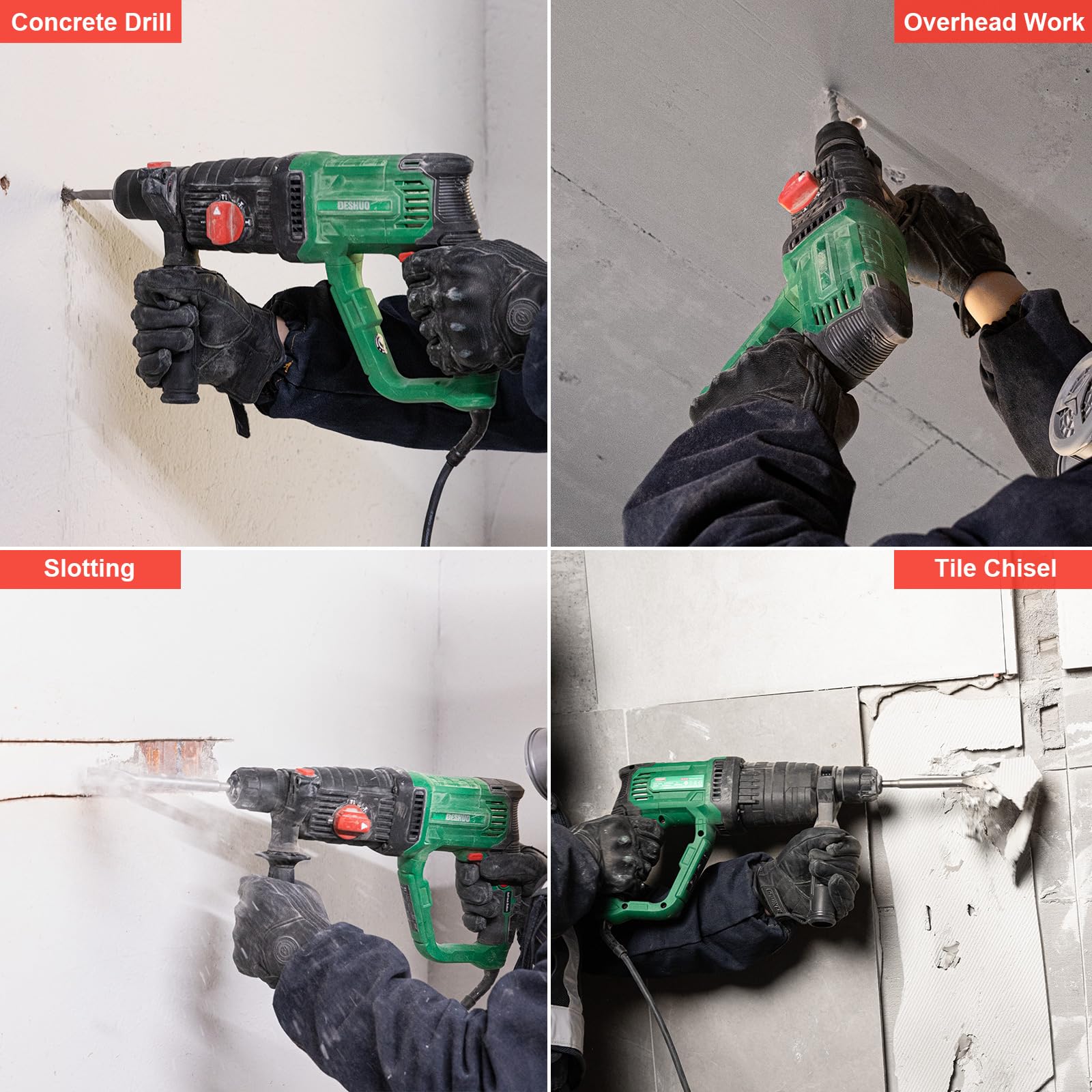 SDS-Plus 2.5 cm 9 A 4-funkcyjna wiertarka udarowa z młotkiem przewodowym o zmiennej prędkości, ze sprzęgłem zabezpieczającym do betonu, zawiera 3 wiertła, 2