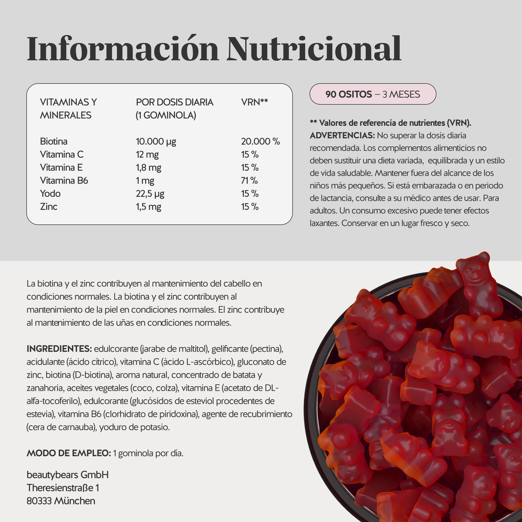 You Nailed It Nail & Hair Vitamin – Gominolas con 30 mg de queratina – con vitaminas C, E, biotina, zinc, selenio y cobre – 90 unidades (para 3 meses) – Sin azúcar, vegetarianas – Bears with Benefits