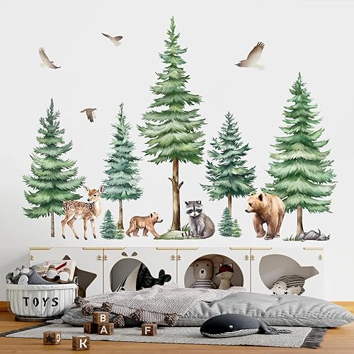 Miniatura 3 de decalmile Calcomanías de pared de pino grande, diseño de oso de bosque, decoración de pared para habitación de niños, habitación de niños,
