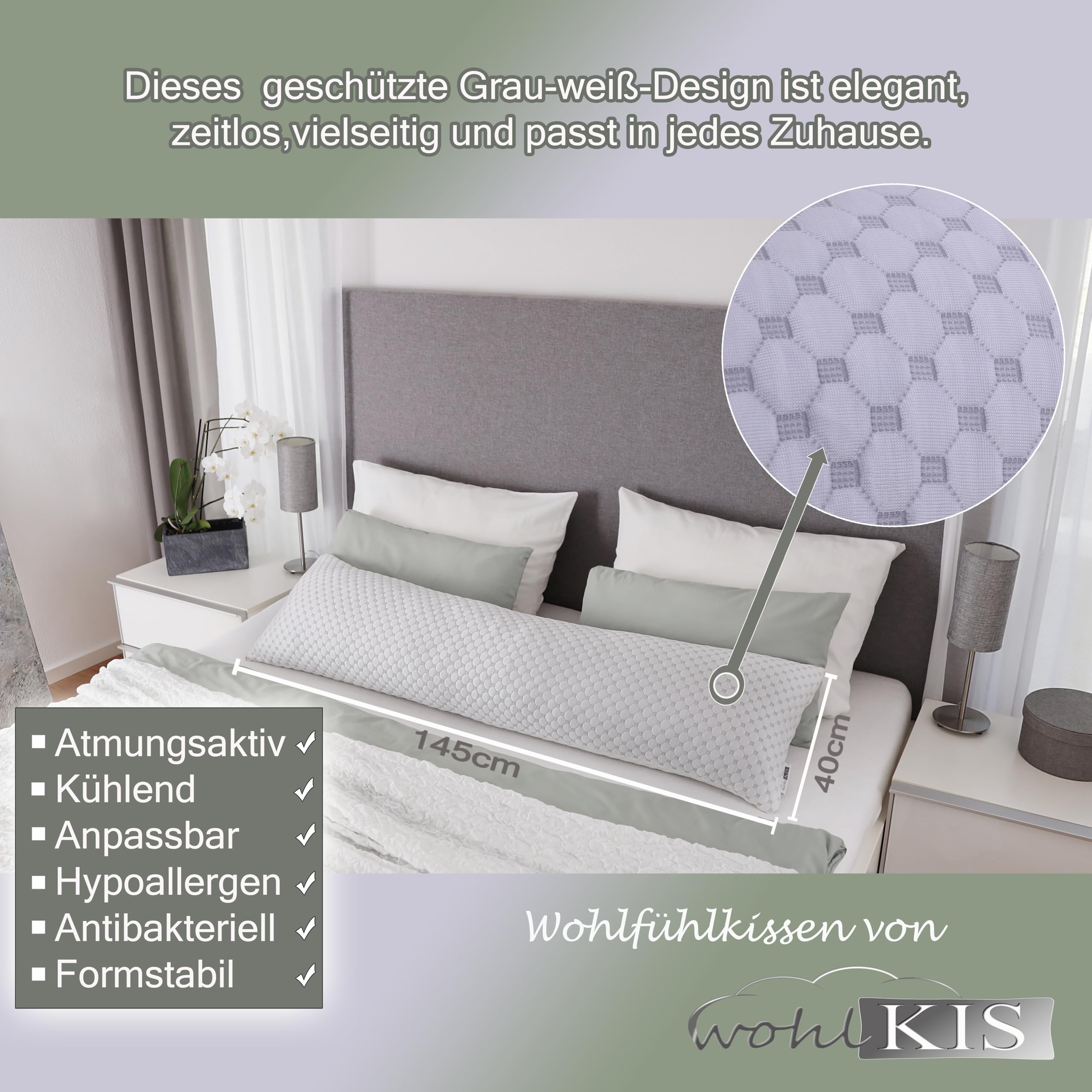Seitenschläferkissen mit Bezug 40 x 145 cm - kühlendes Schwangerschaftskissen - Stillkissen mit Memory Foam - Orthopädisches Kissen - Pregnancy Pillow - Body Pillow - Schlafkissen
