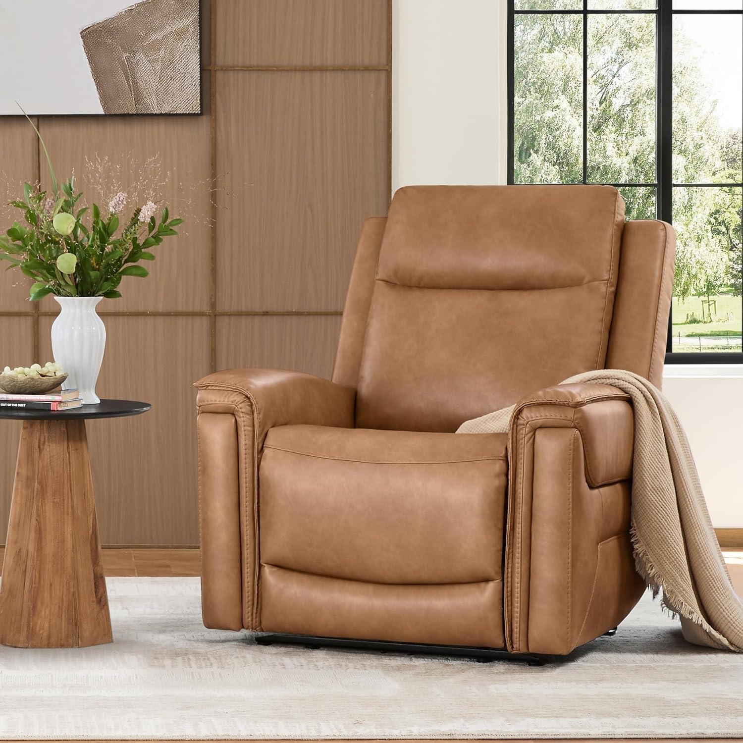 Brown Bedroom Leather Recliner with Power Headrest Power Recliner Chairs with USB Type-C Ports Living Room Electric Reclining Sofa Chair for Adults
