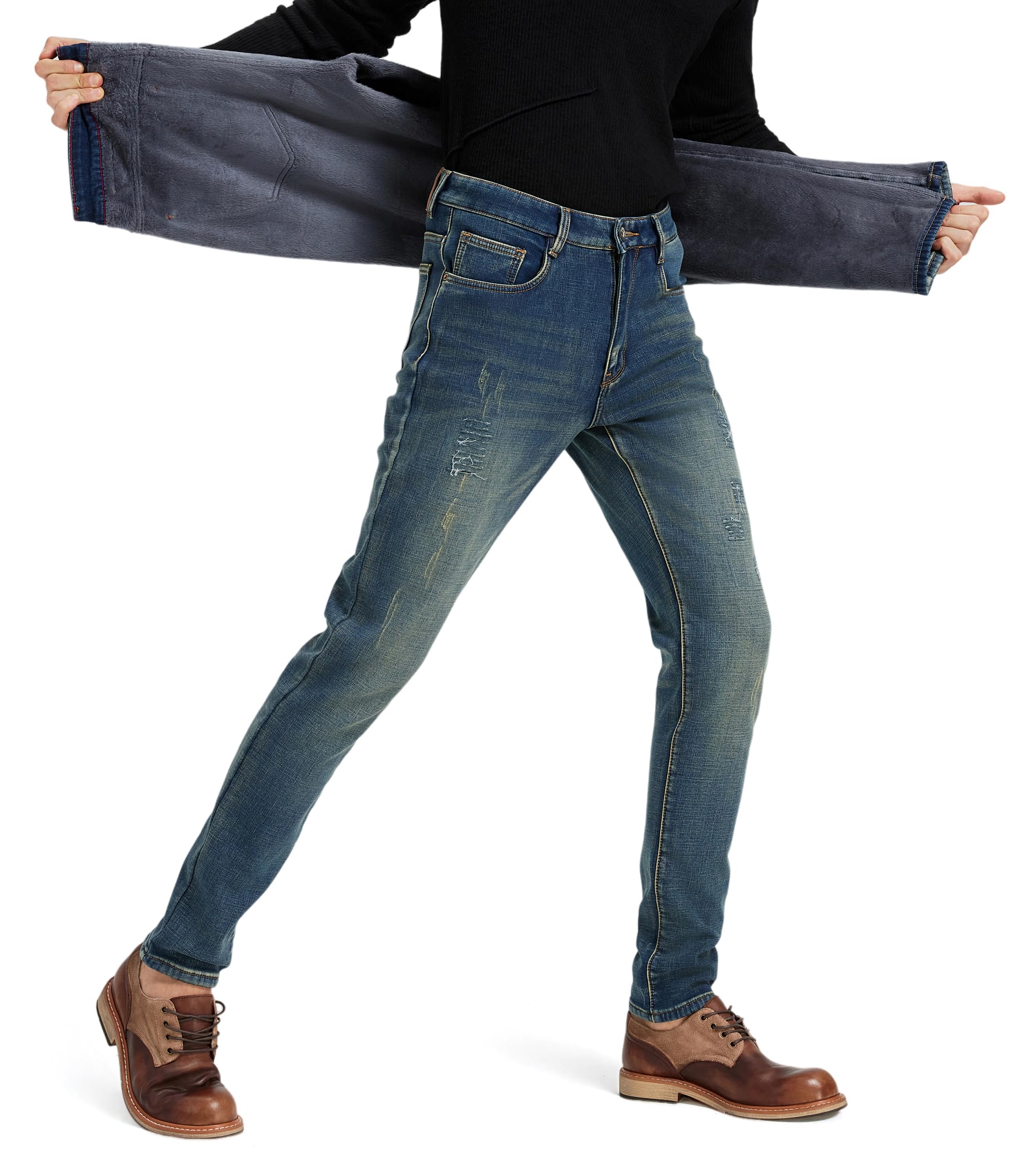 Athletic Taper Ripped Patched Fleece Jeans